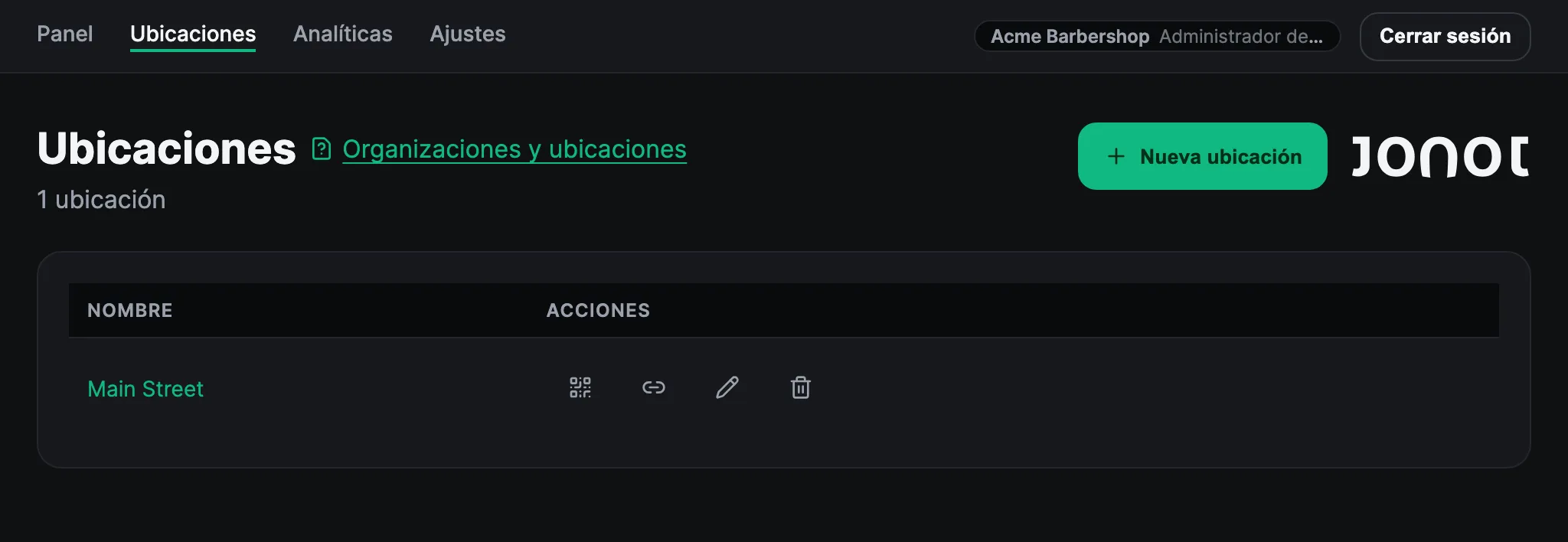 Página de ubicaciones en el panel de administración de Jonot
