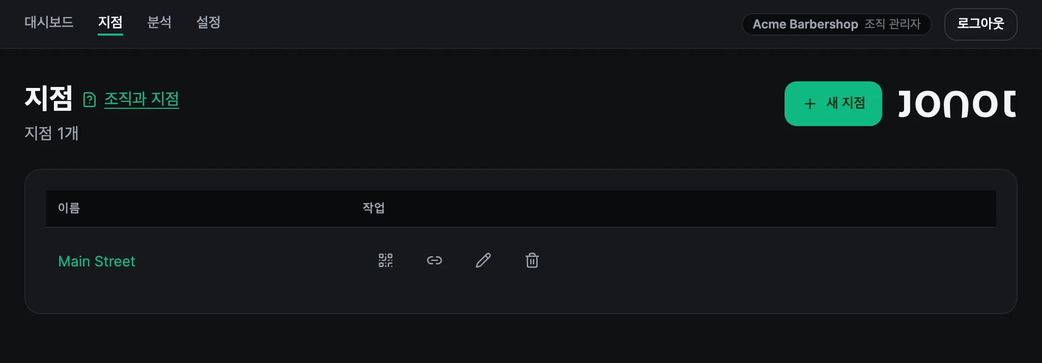 Locations page in the Jonot admin dashboard