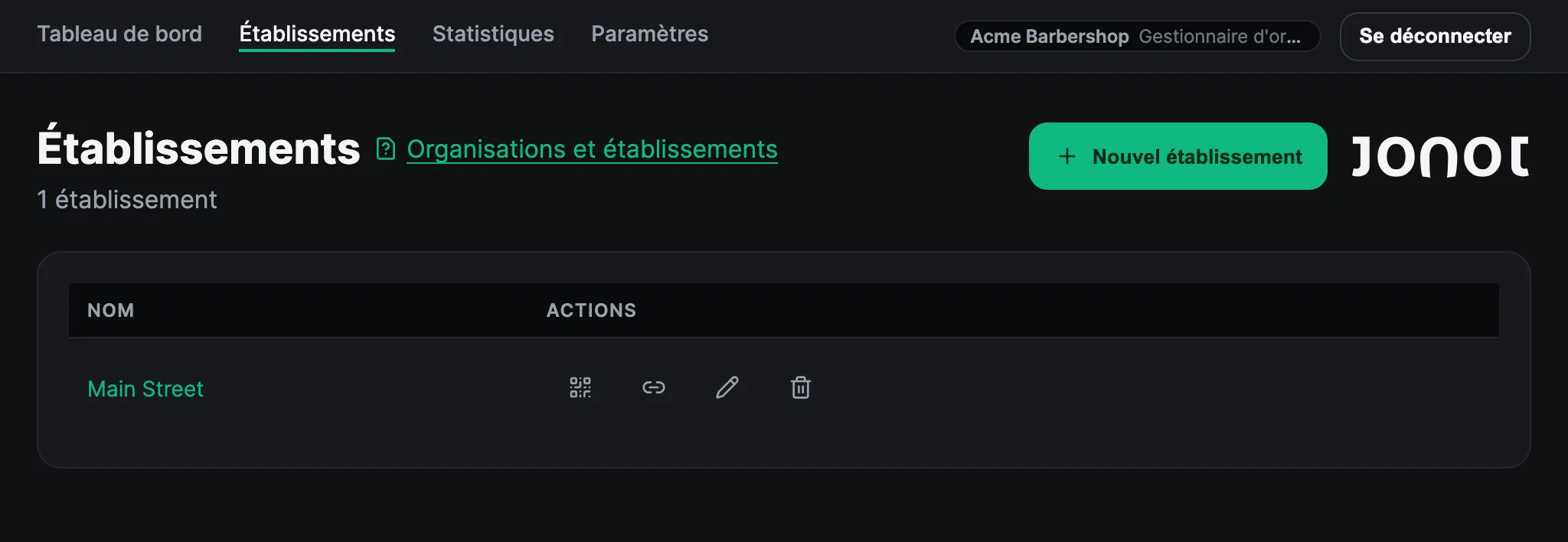 Page des établissements dans le tableau de bord Admin de Jonot