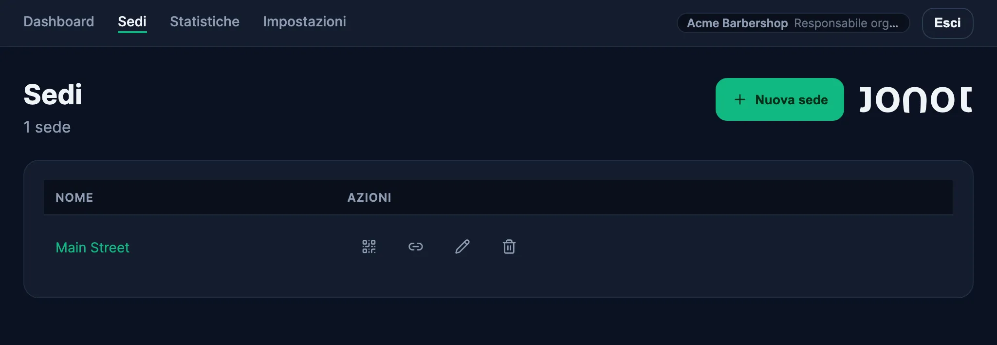 Pagina delle sedi nella dashboard di amministrazione di Jonot con accesso al poster QR