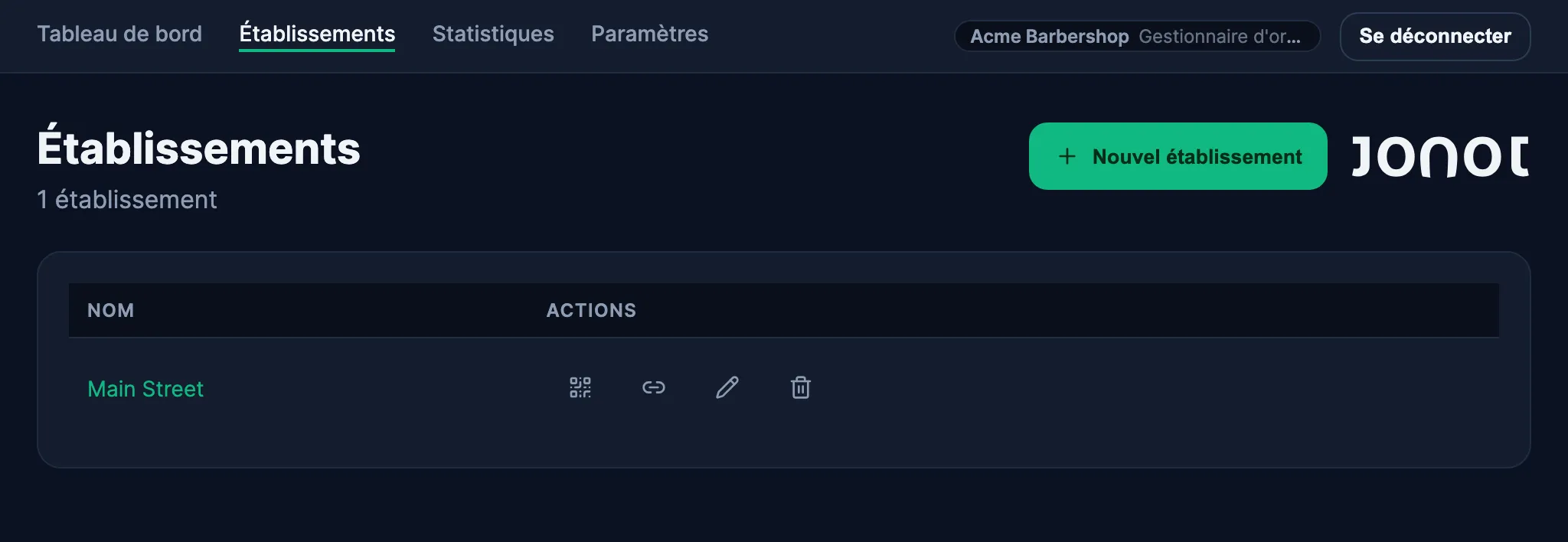Page des établissements dans le tableau de bord Admin de Jonot avec accès à l'affiche QR