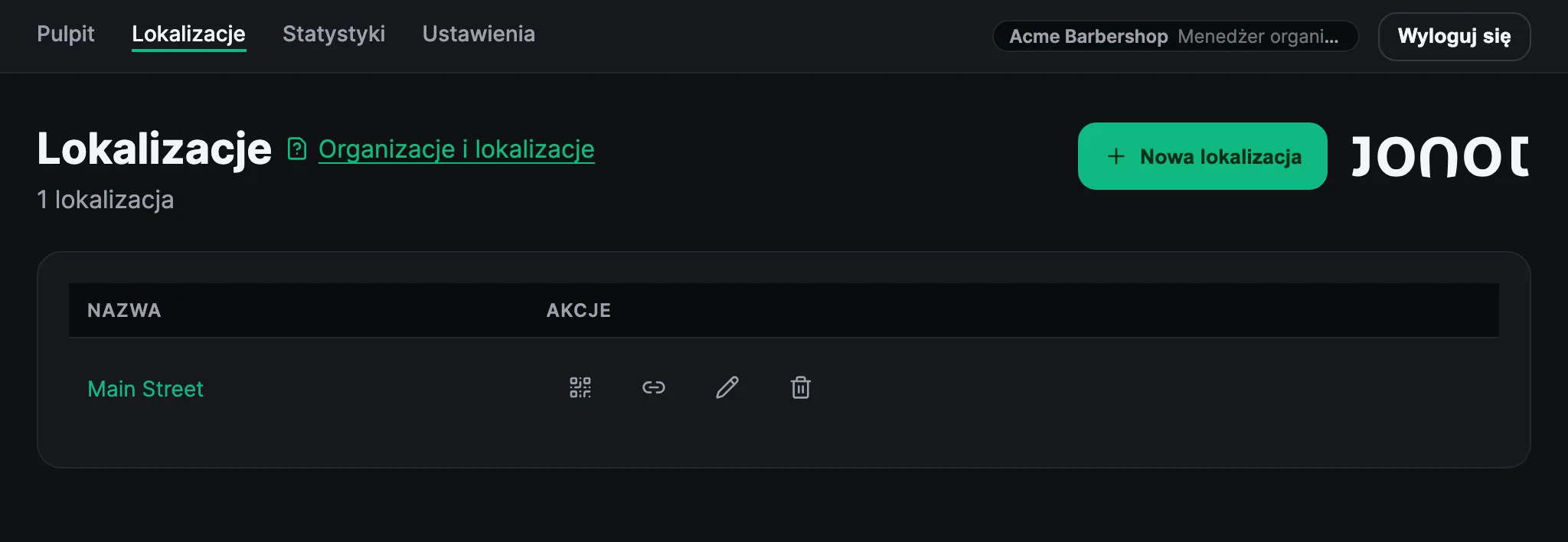 Strona lokalizacji w panelu administracyjnym Jonot