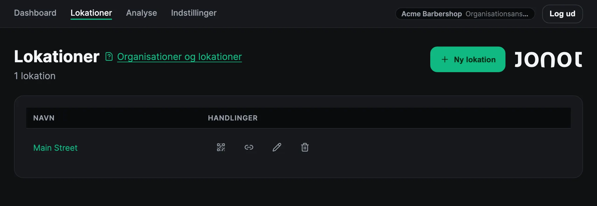 Lokationer-siden i Jonots admin-dashboard