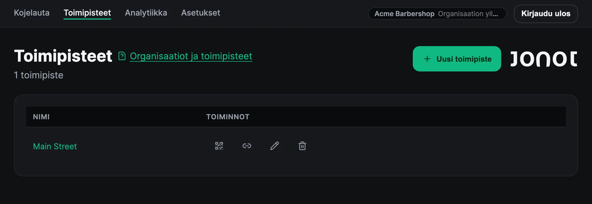 Toimipisteet-sivu Jonotin Admin-hallintapaneelissa