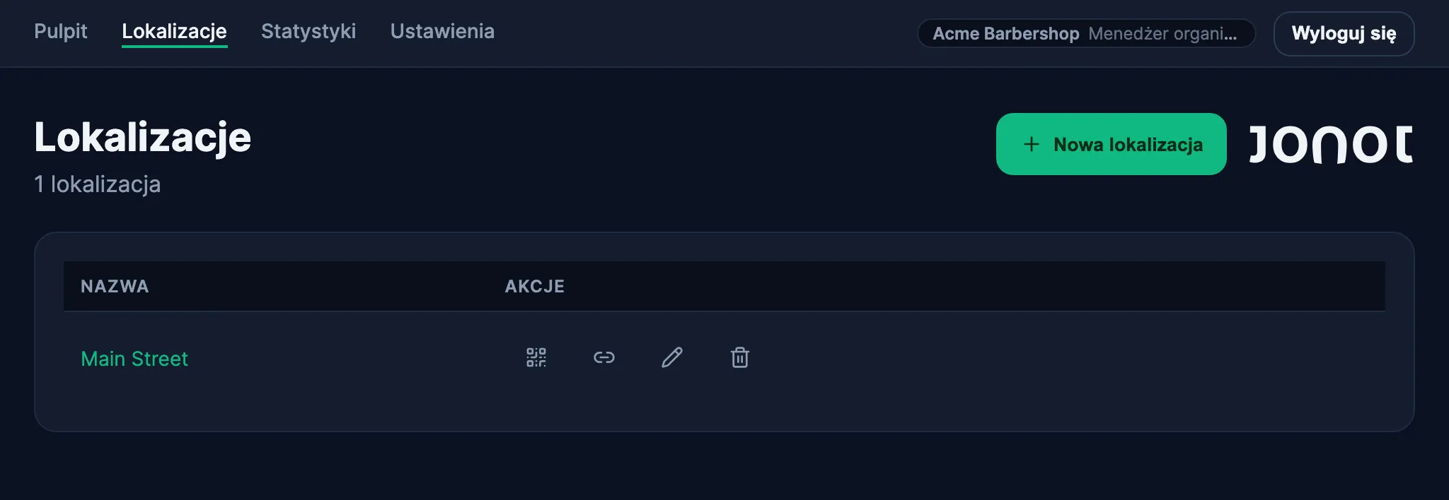 Strona lokalizacji w panelu administracyjnym Jonot z dostępem do plakatu QR