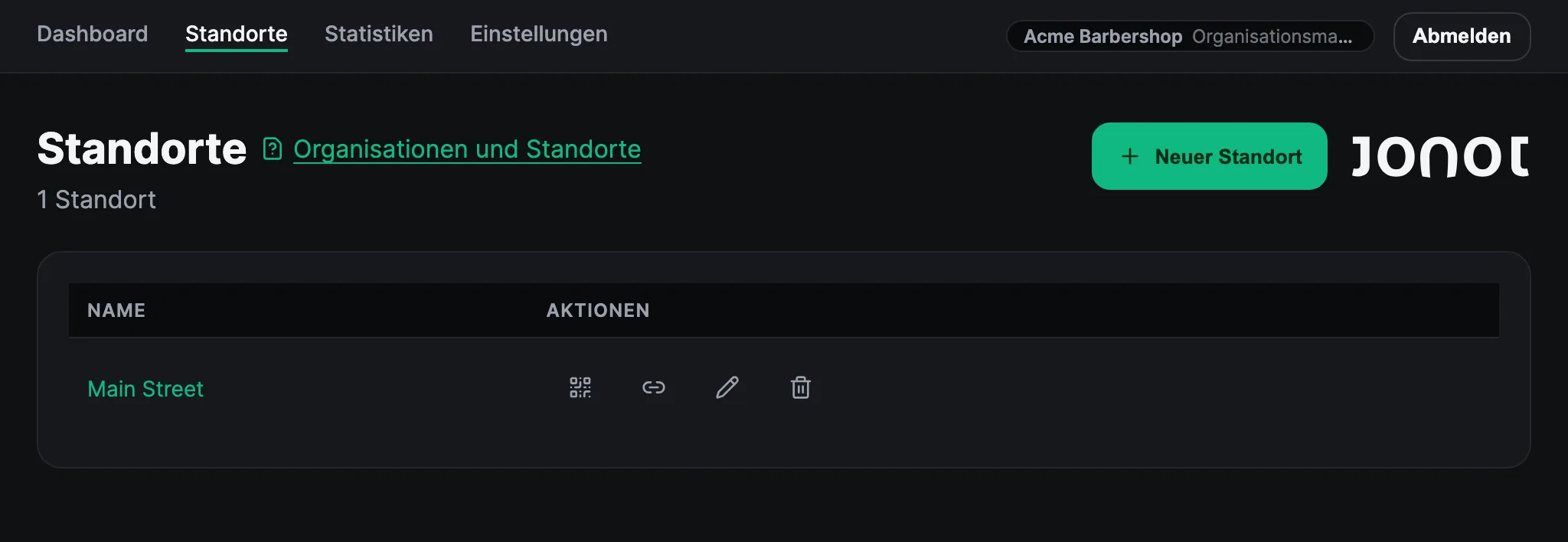 Standorte-Seite im Jonot-Admin-Dashboard