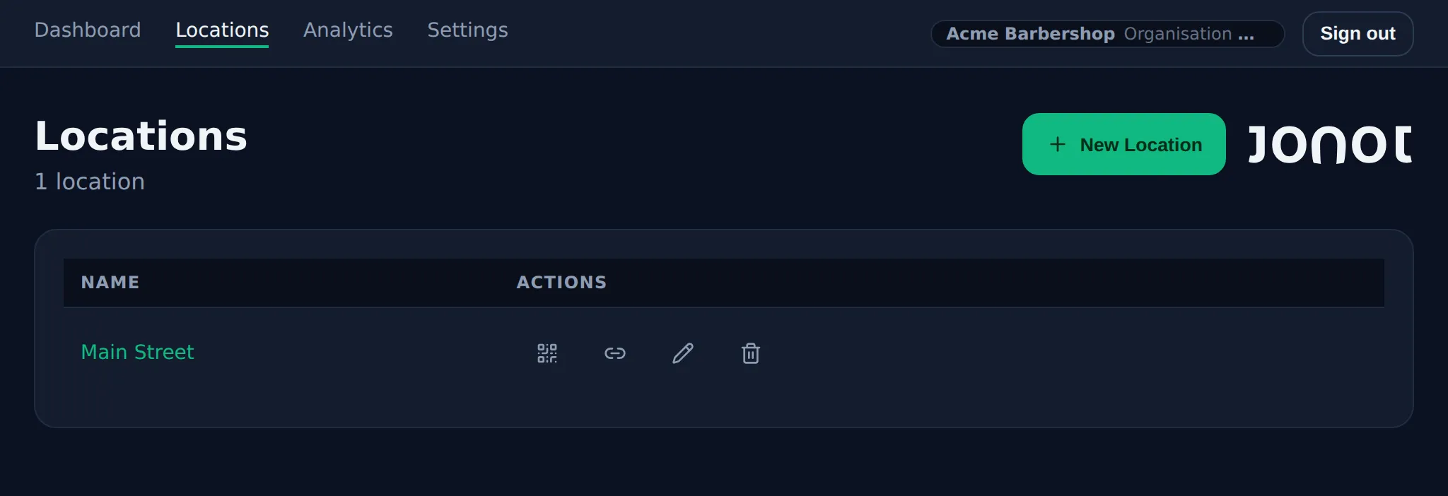 Locations page in the Jonot admin dashboard