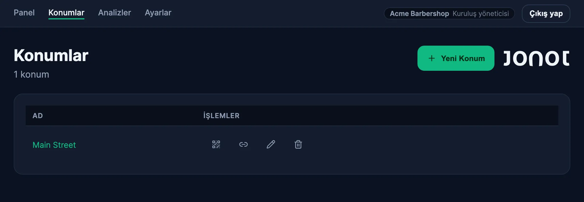 QR poster erişimini gösteren Jonot admin panosundaki Konumlar sayfası