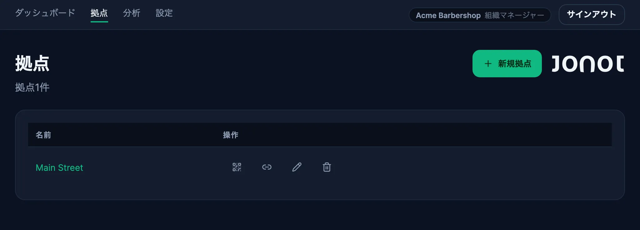 QRポスターへのアクセスがあるJonot管理ダッシュボードの拠点ページ