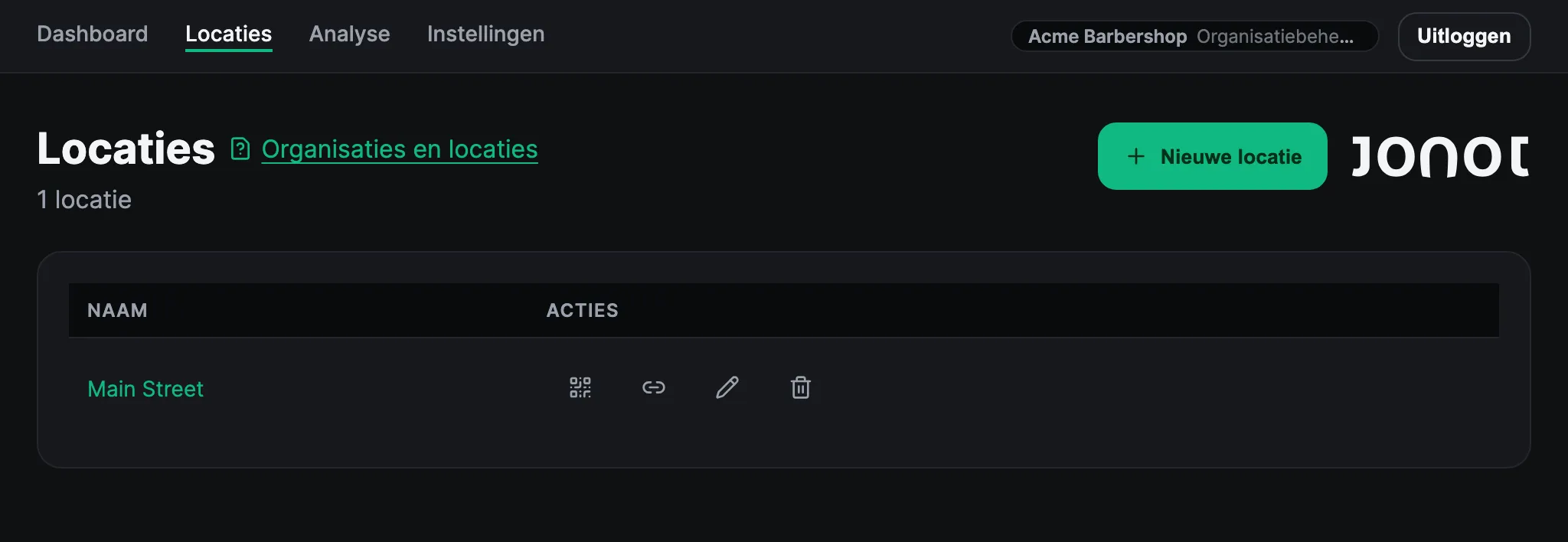 Locatiespagina in het Jonot admin-dashboard