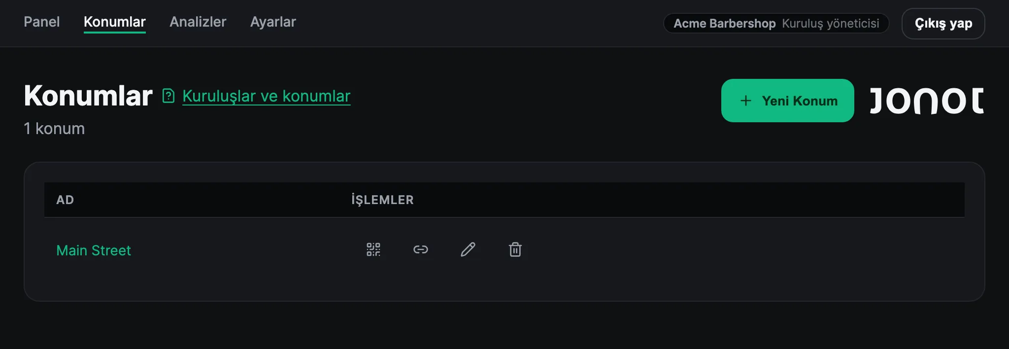 Jonot admin panosunda Konumlar sayfası