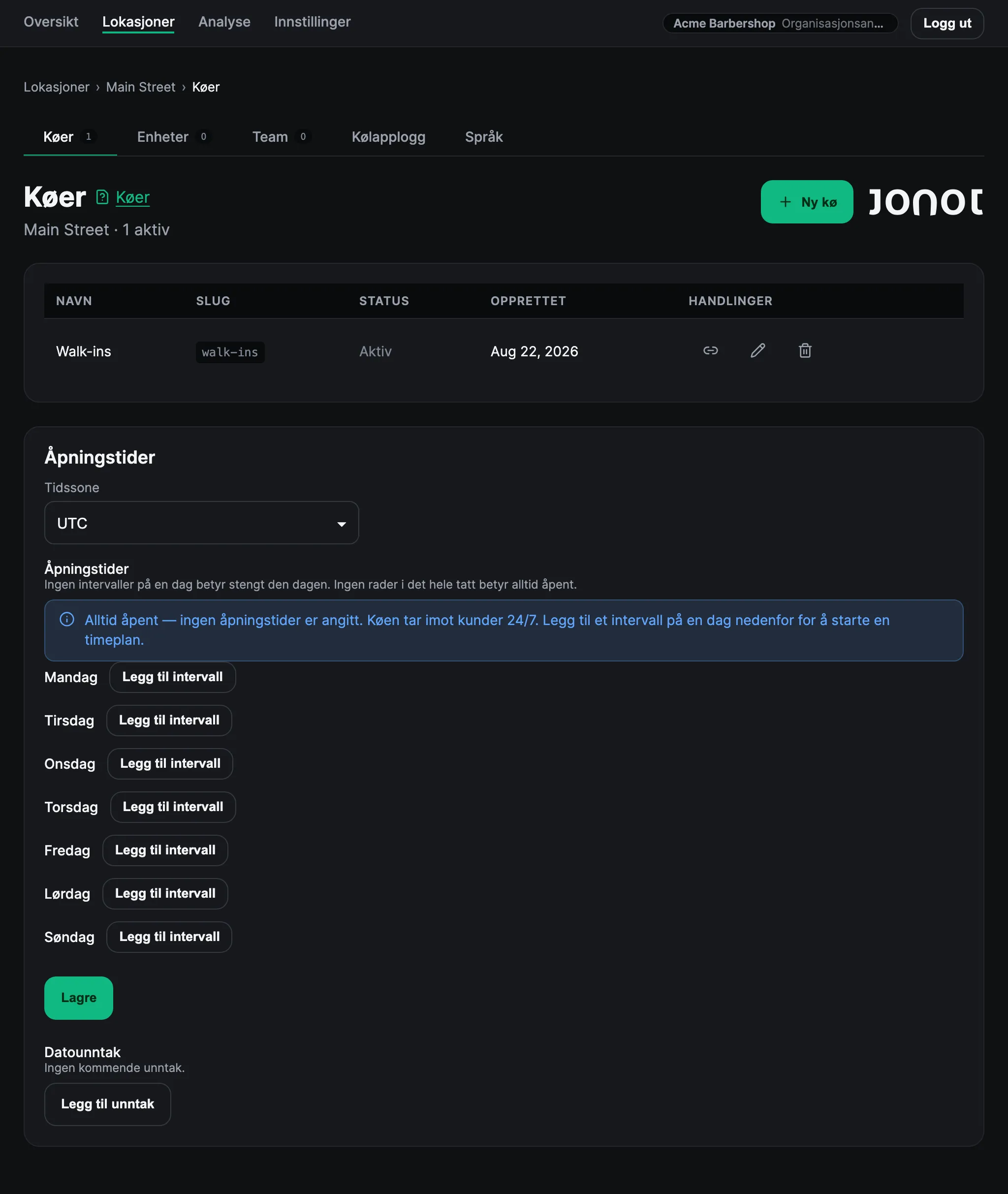 Side for køstyring for et sted i Jonots admin-dashbord
