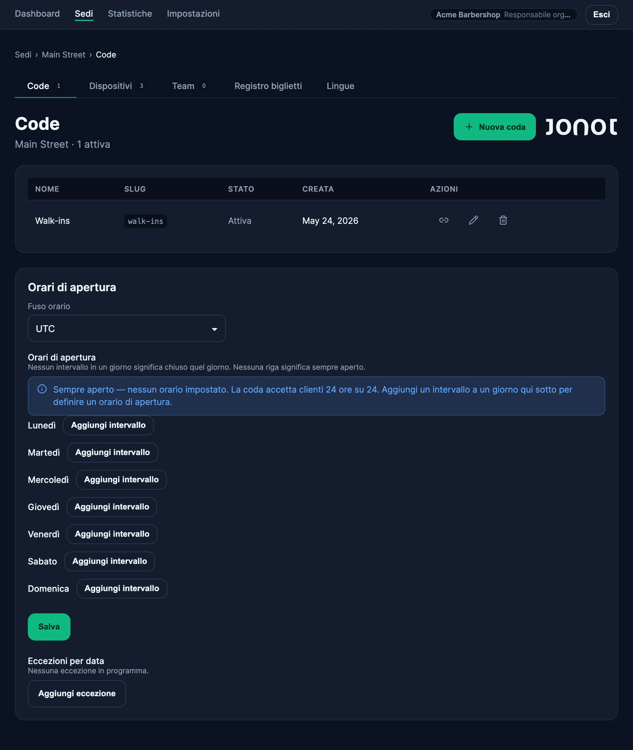 Pagina di gestione delle code per una sede nella dashboard di amministrazione di Jonot
