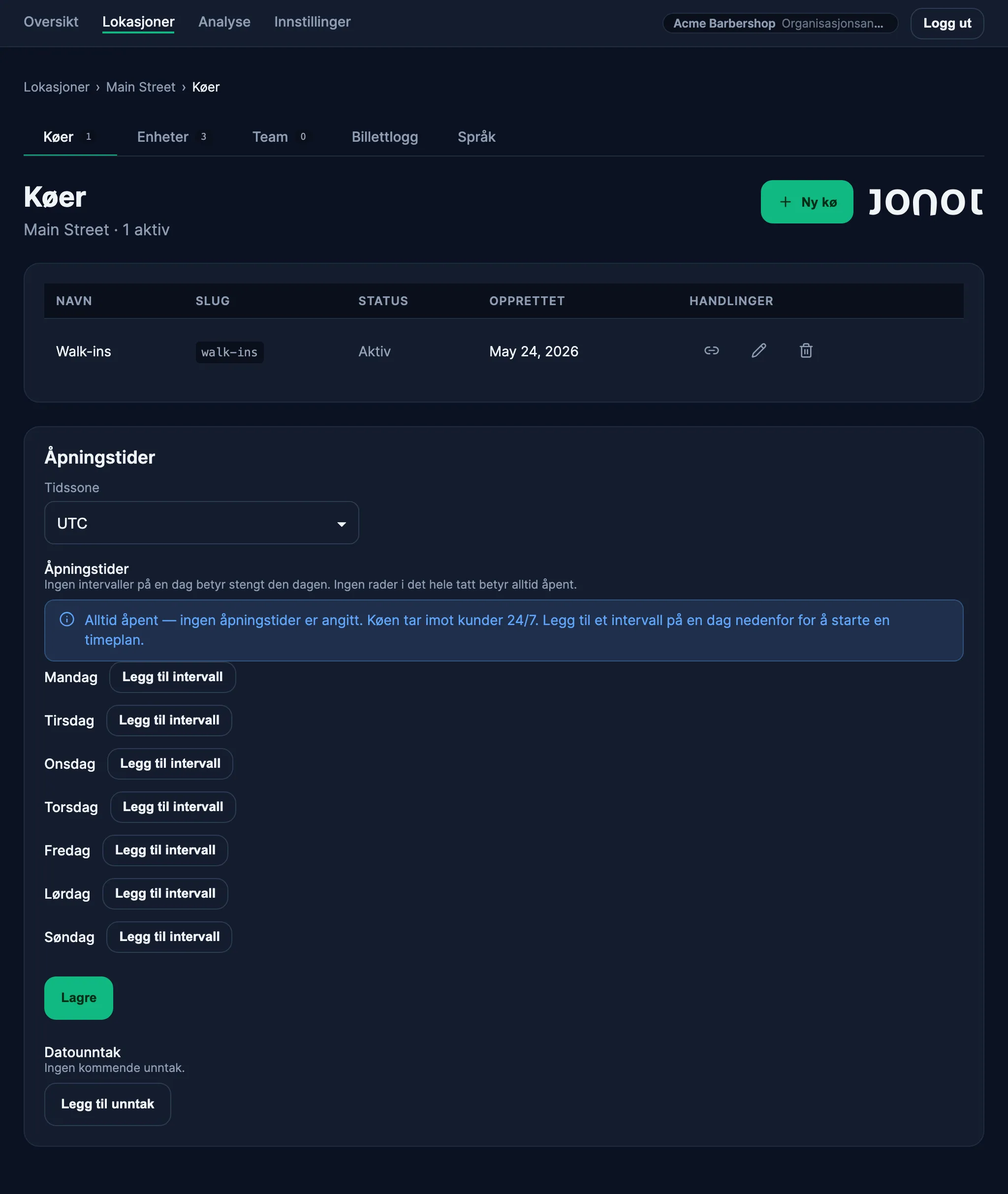 Side for køstyring for et sted i Jonots admin-dashbord