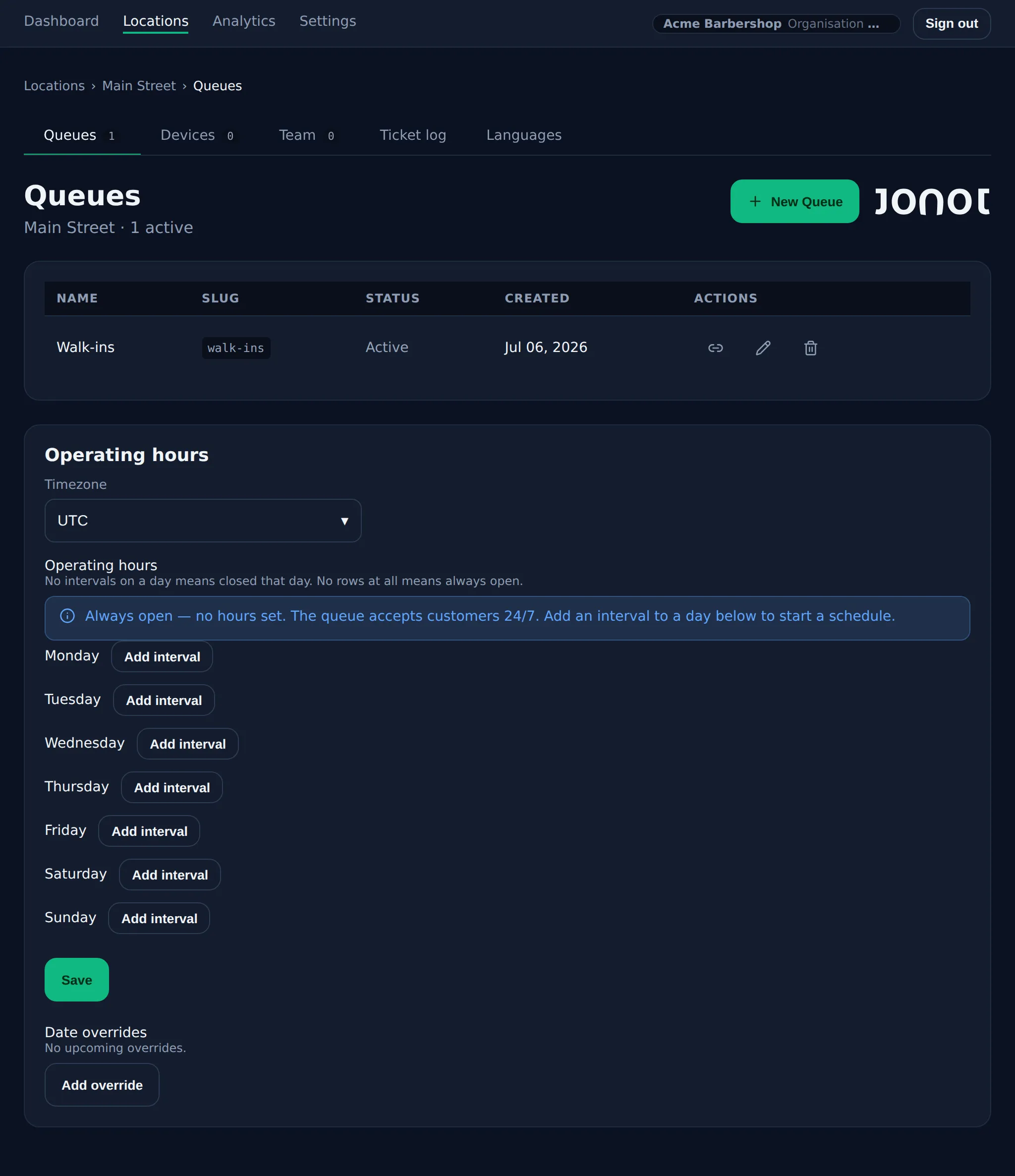 Queue management page for a location in the Jonot admin dashboard