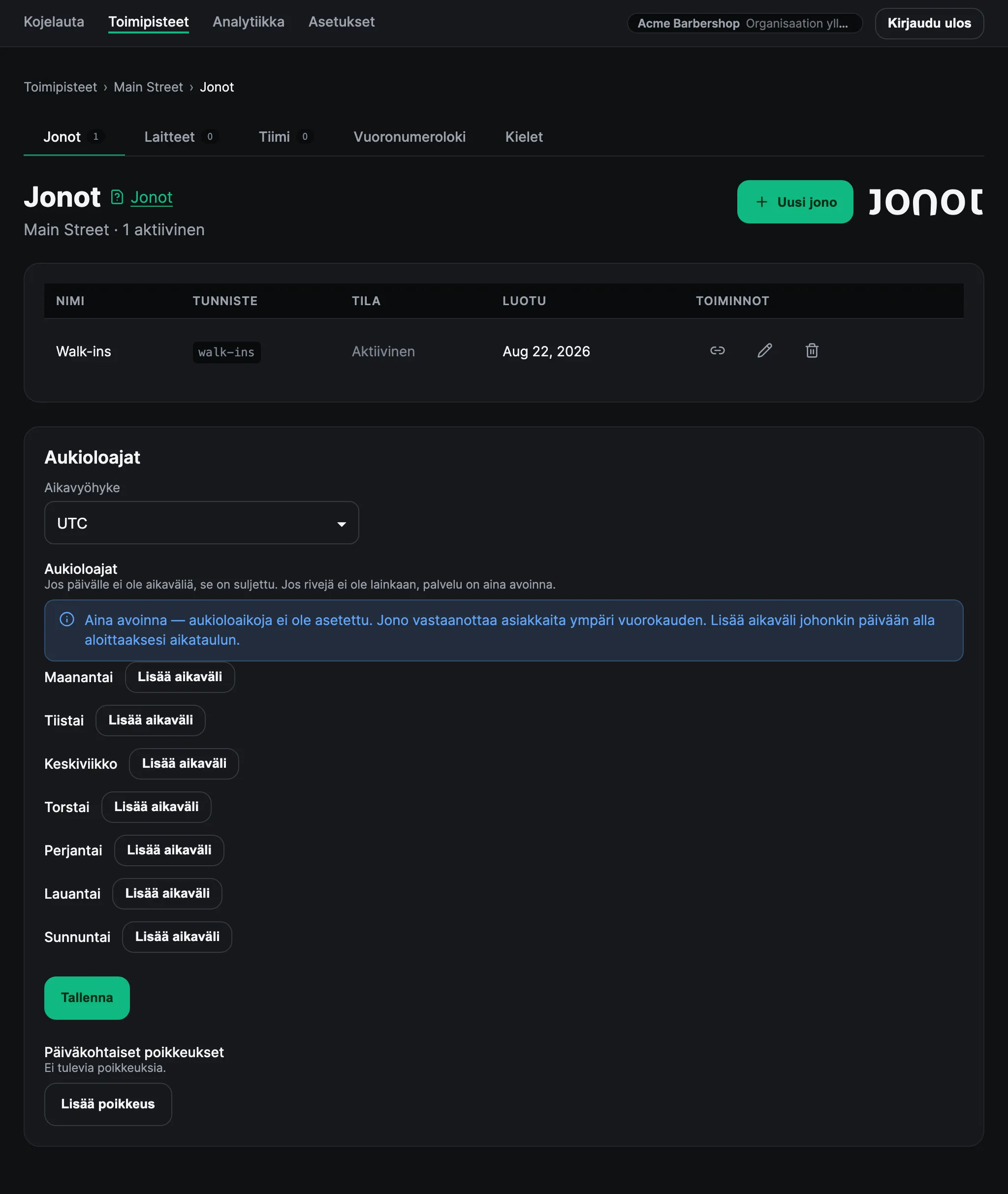 Toimipisteen jonojenhallintasivu Jonotin Admin-hallintapaneelissa