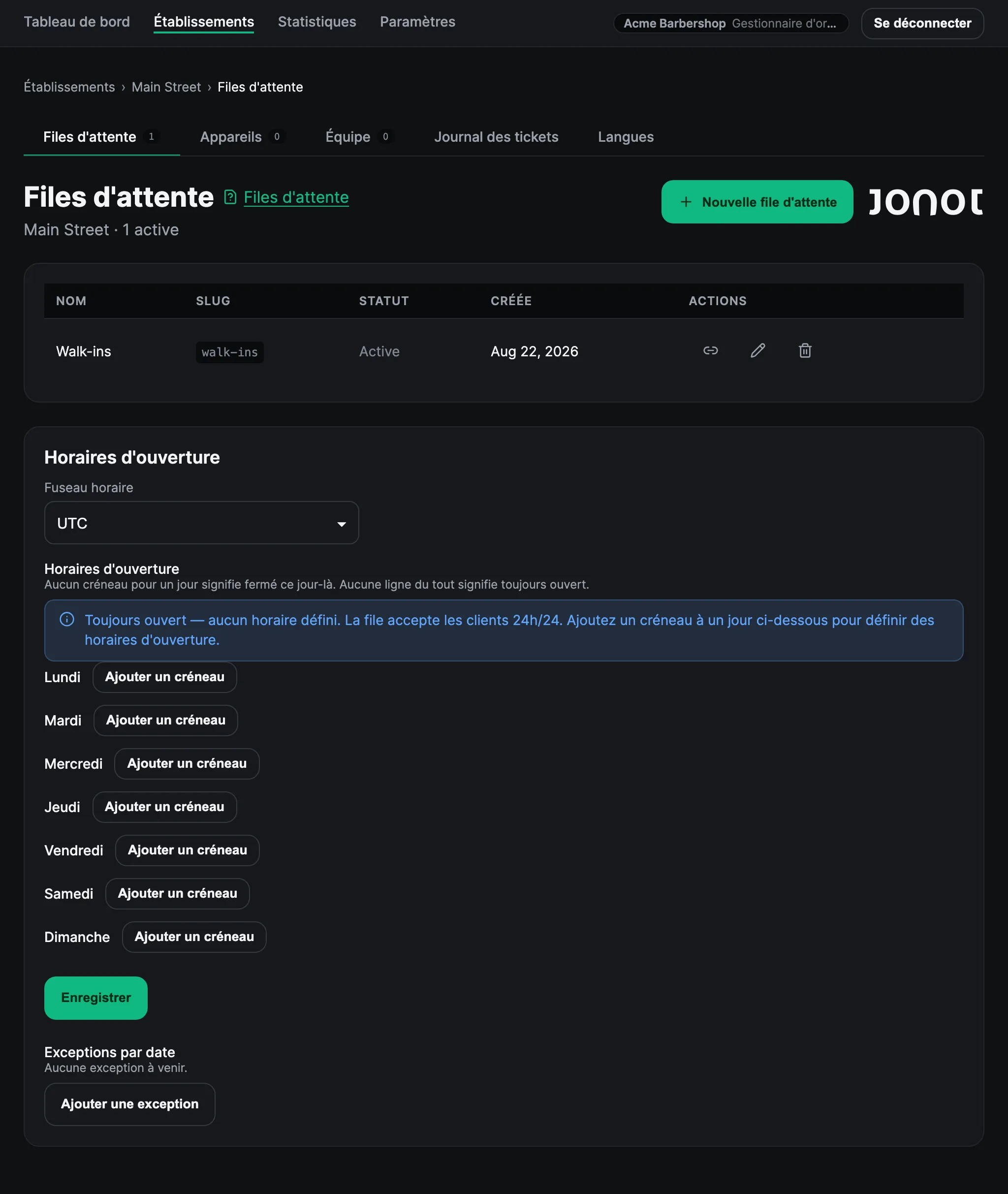 Page de gestion des files d'attente d'un établissement dans le tableau de bord Admin de Jonot