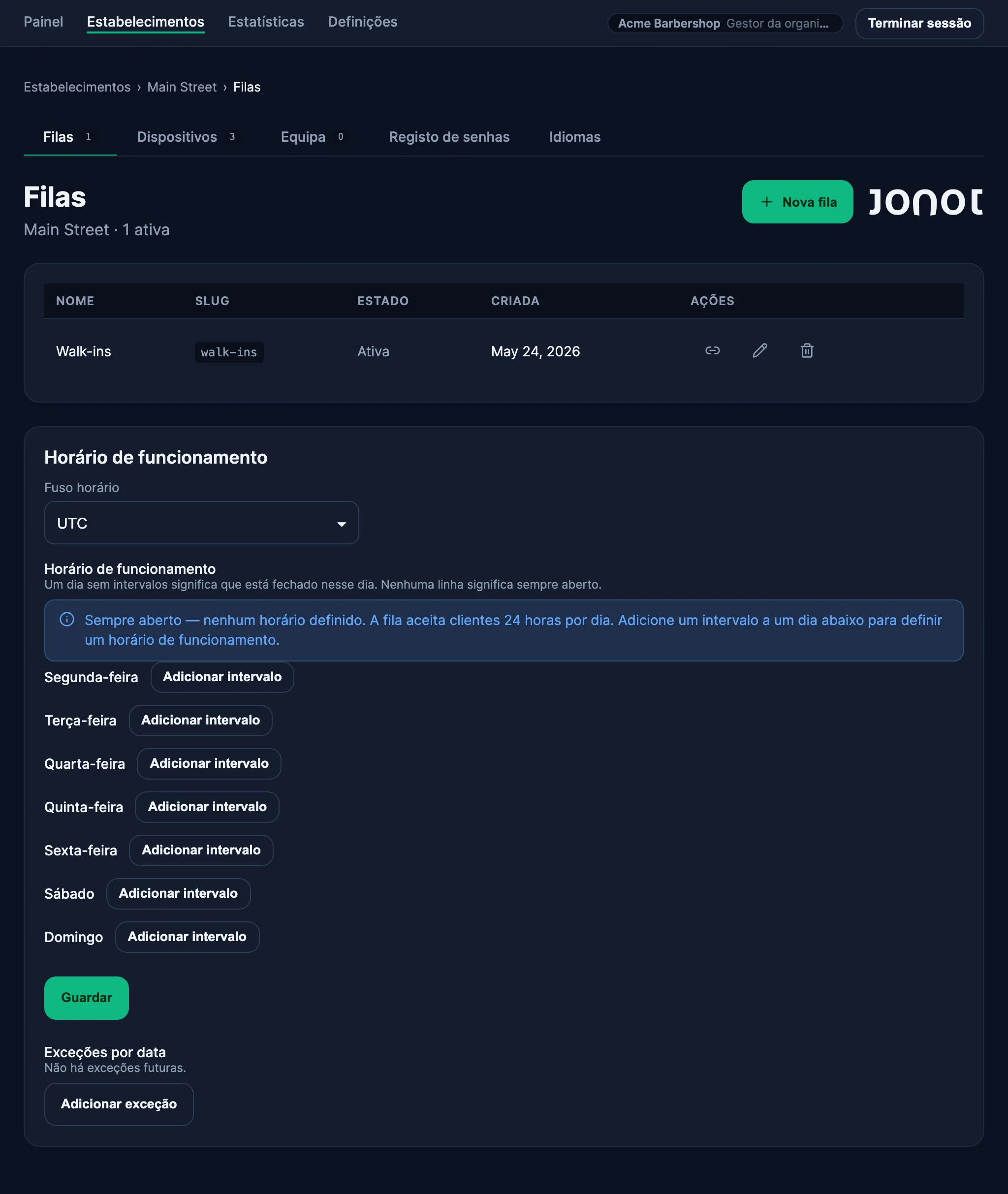 Página de gestão de filas de um estabelecimento no painel de administração do Jonot