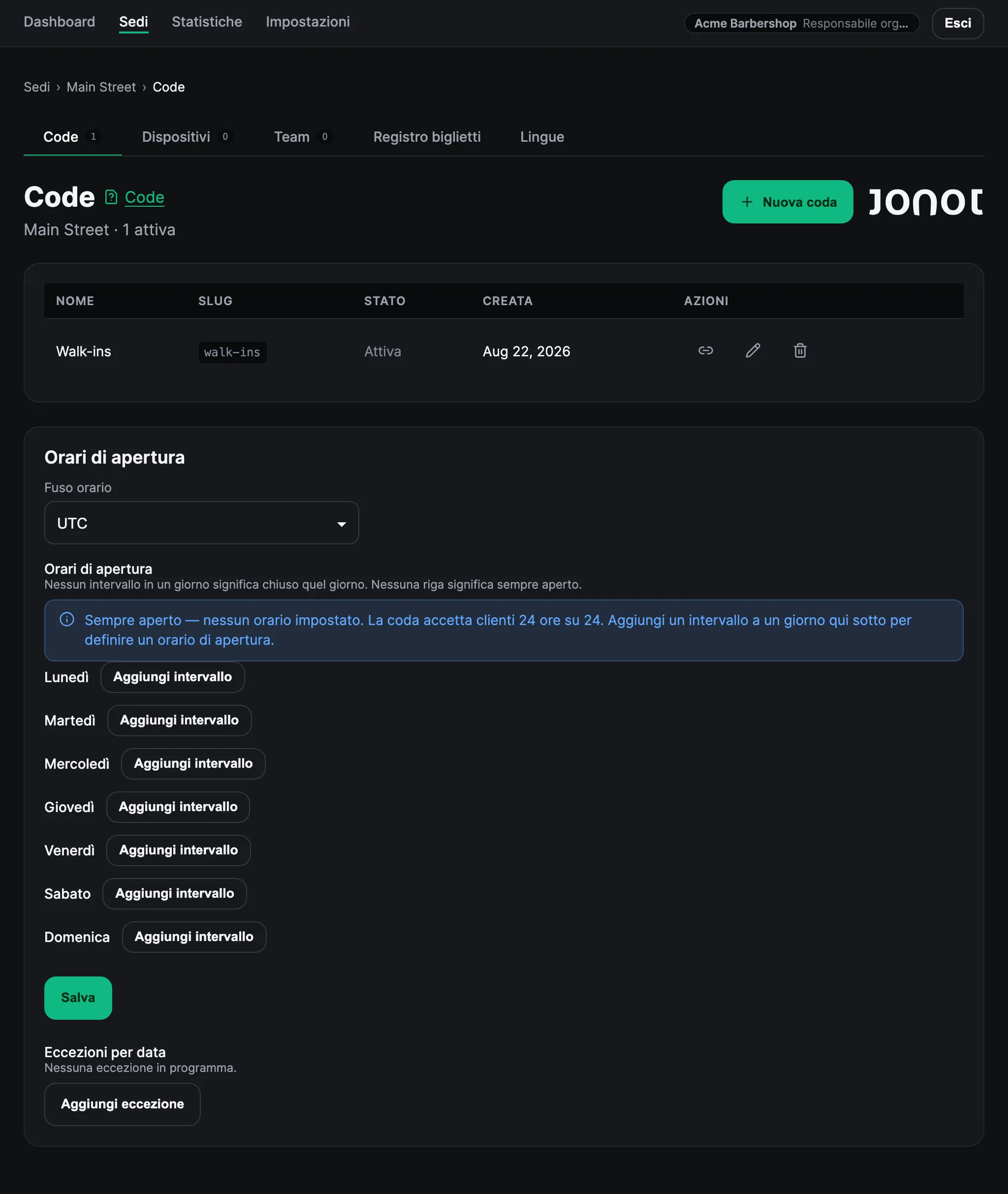 Pagina di gestione delle code per una sede nella dashboard di amministrazione di Jonot