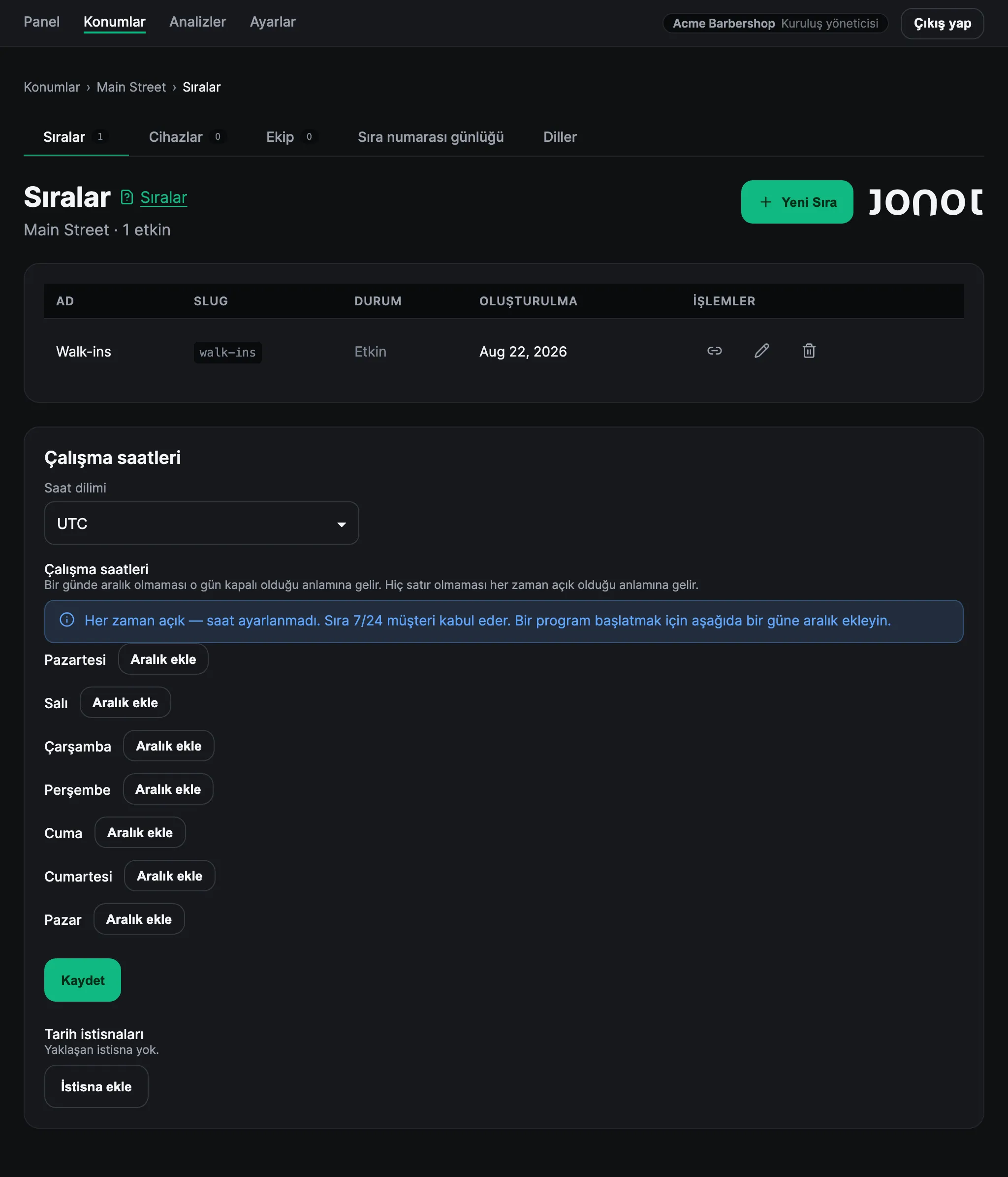 Jonot admin panosunda bir konumun sıra yönetimi sayfası