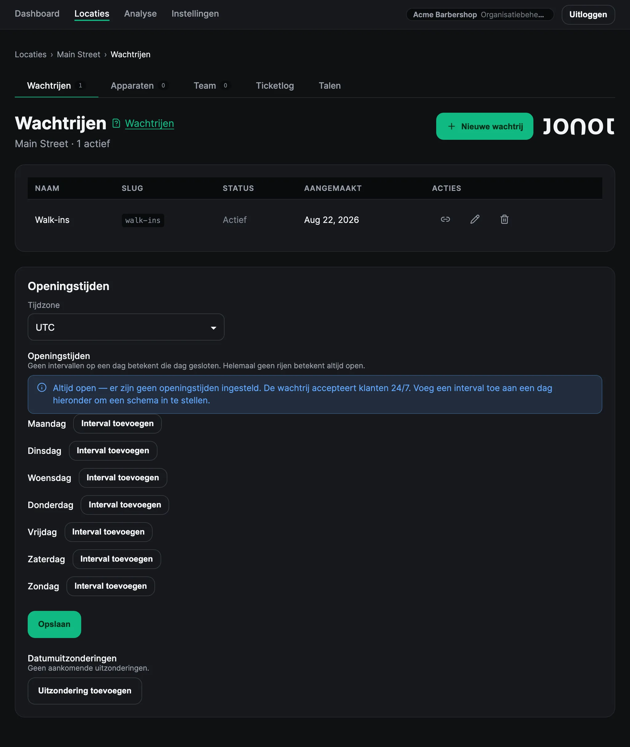 Wachtrijbeheerpagina voor een locatie in het Jonot admin-dashboard