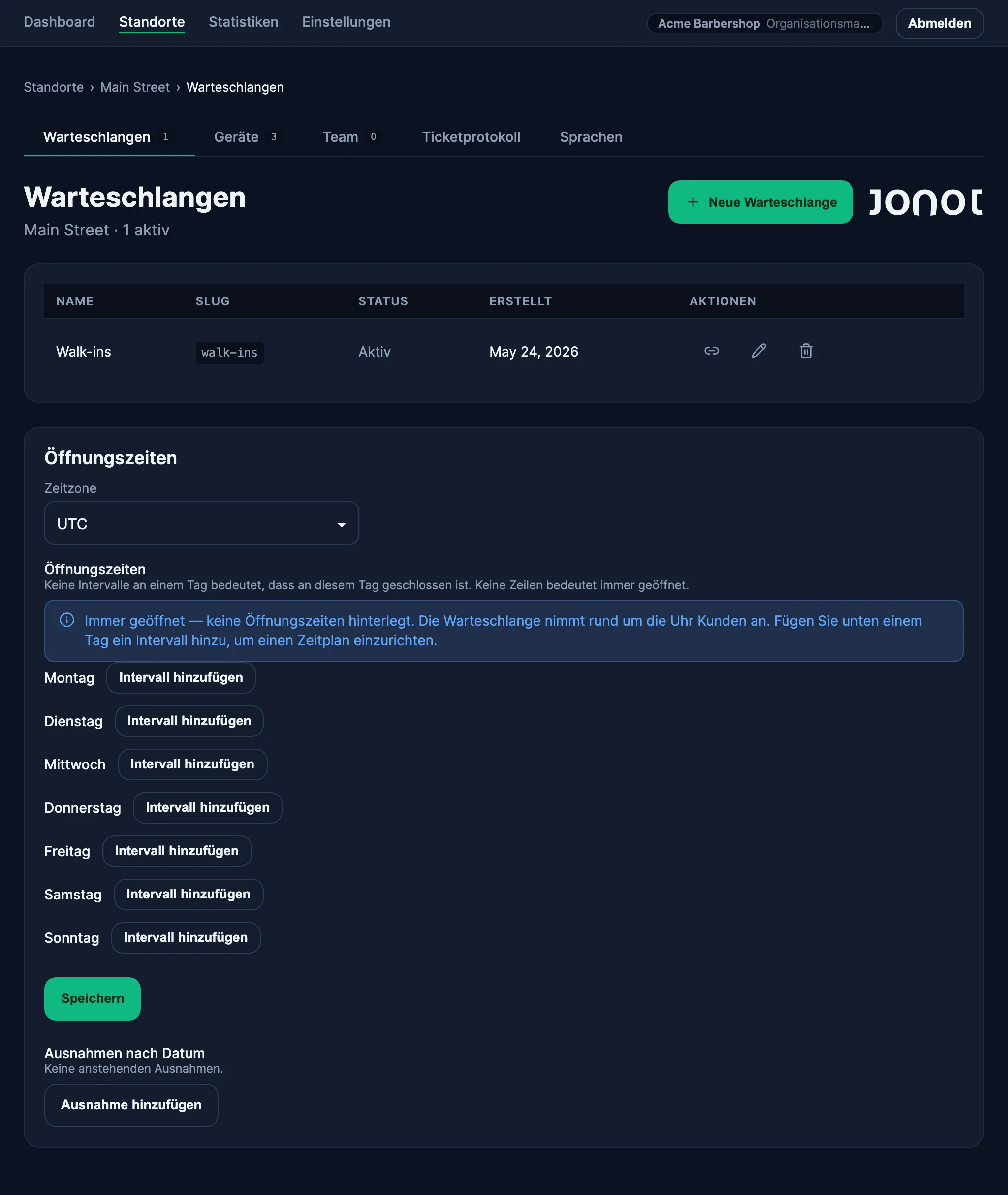Seite zur Warteschlangenverwaltung eines Standorts im Jonot-Admin-Dashboard