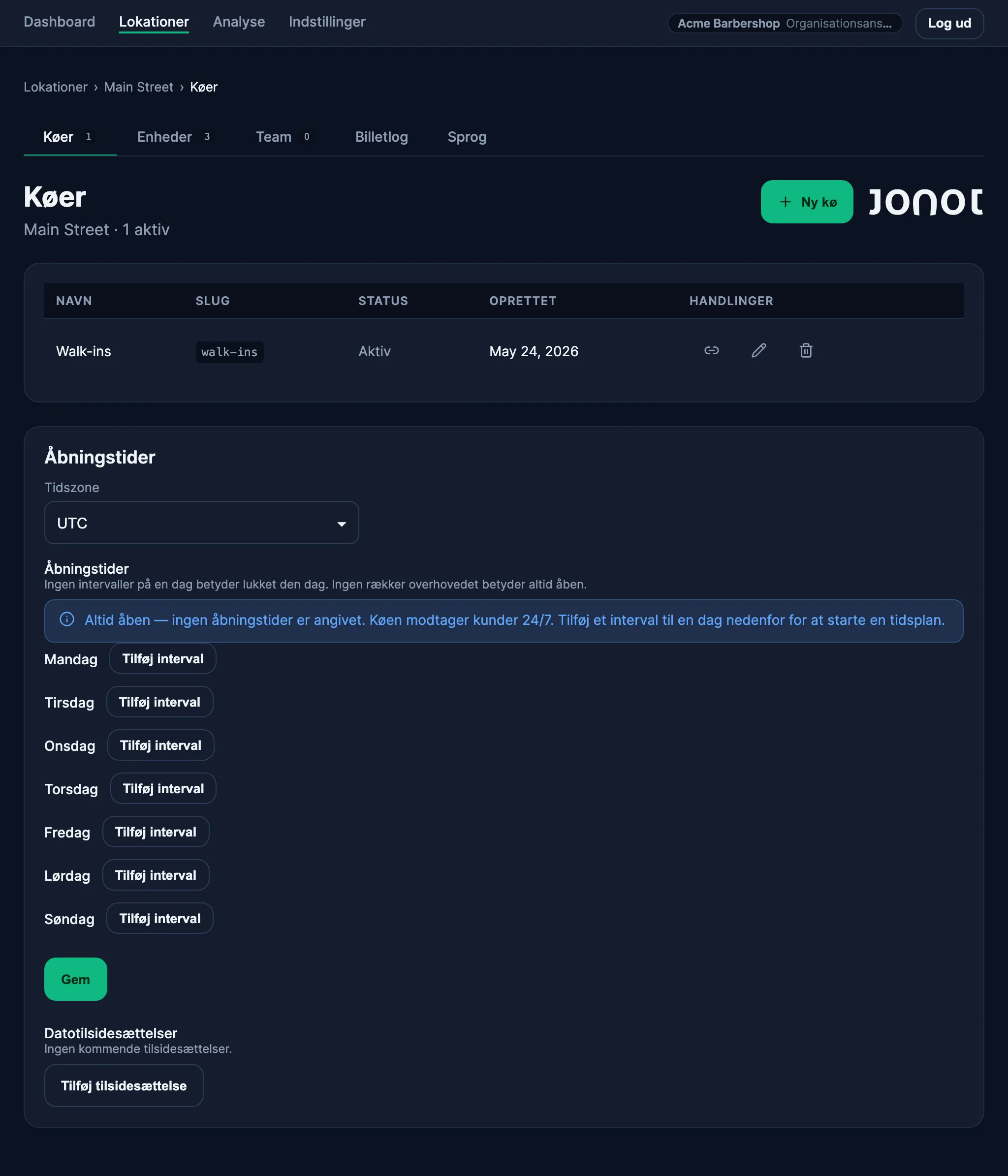 Siden til kø-administration for en lokation i Jonots admin-dashboard