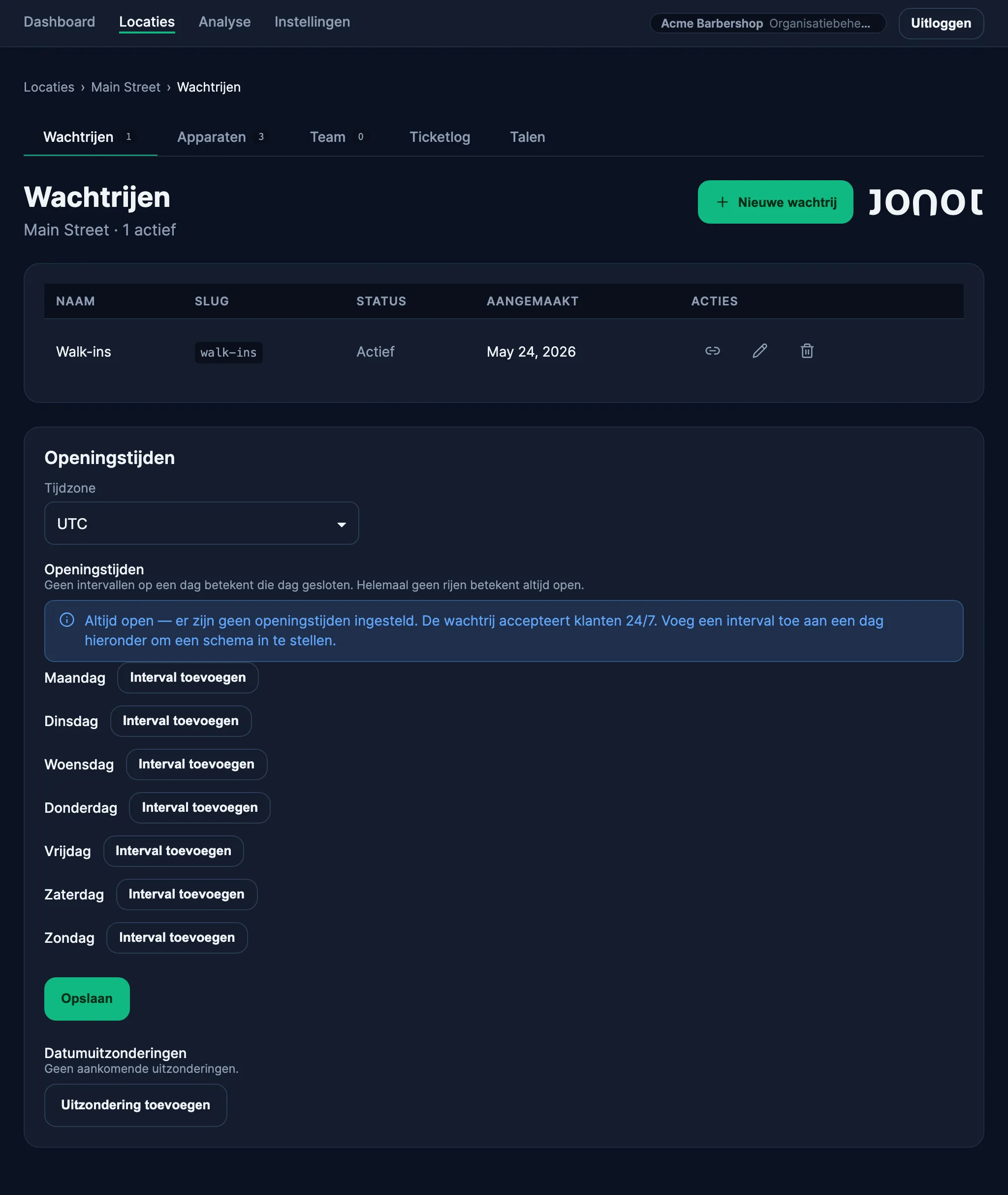 Wachtrijbeheerpagina voor een locatie in het Jonot admin-dashboard
