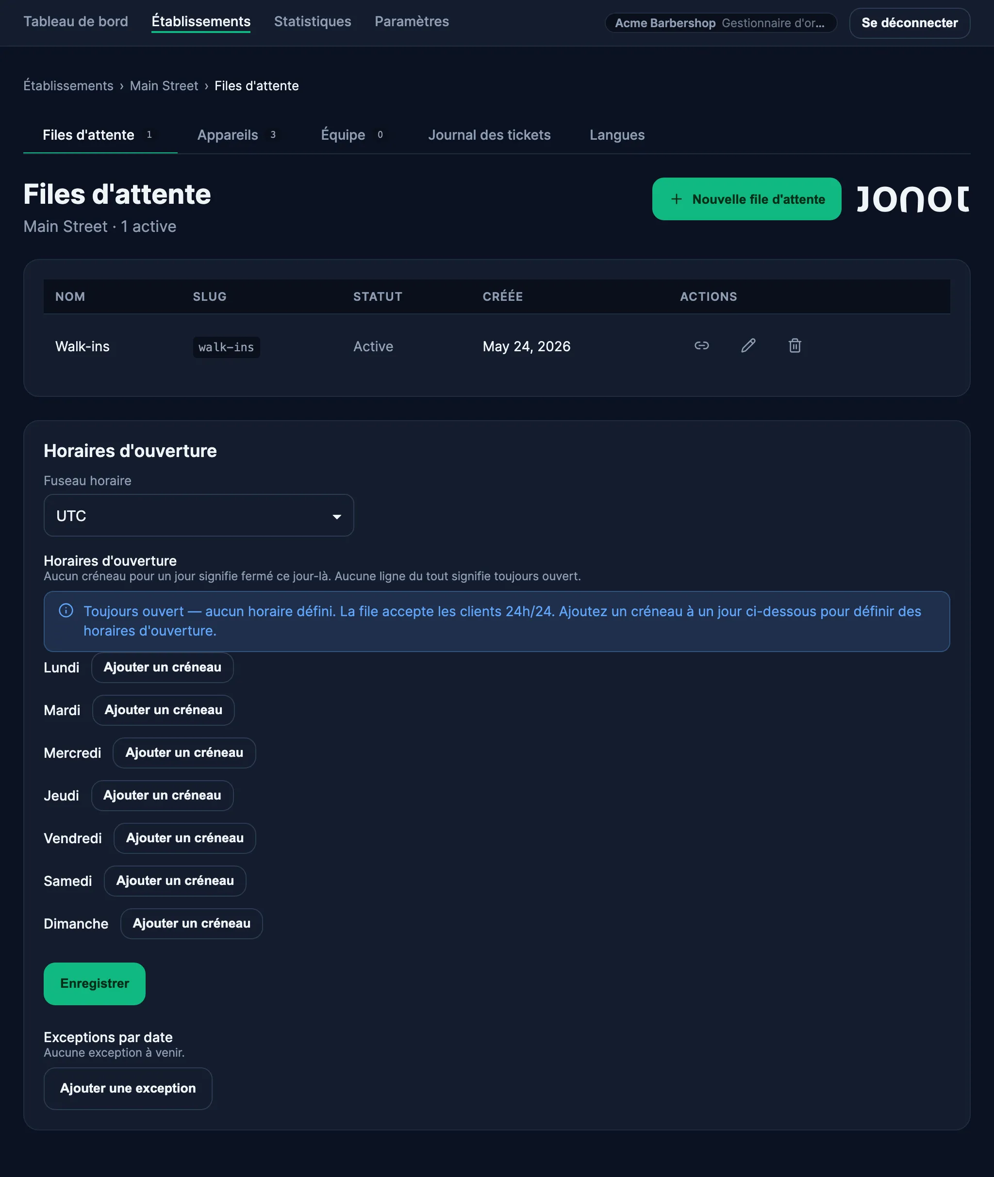 Page de gestion des files d'attente d'un établissement dans le tableau de bord Admin de Jonot