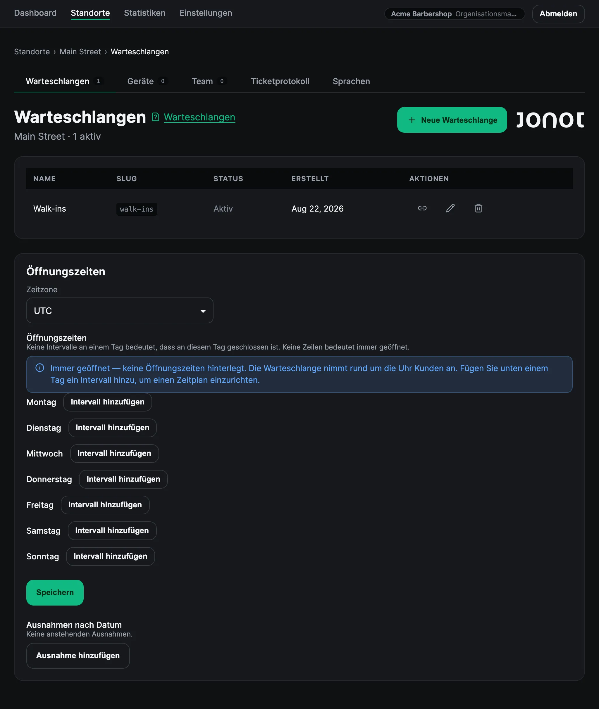 Seite zur Warteschlangenverwaltung eines Standorts im Jonot-Admin-Dashboard