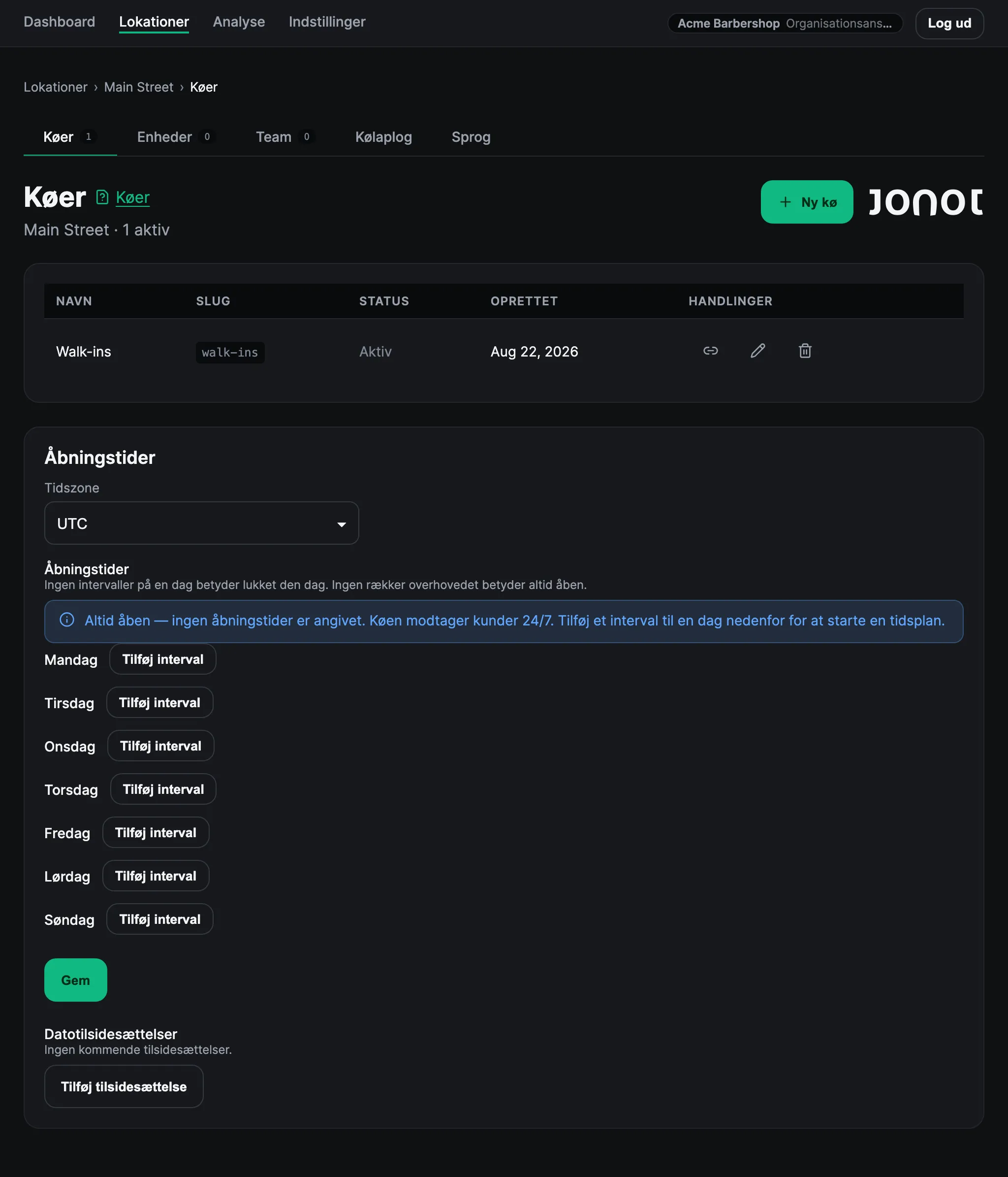 Siden til kø-administration for en lokation i Jonots admin-dashboard