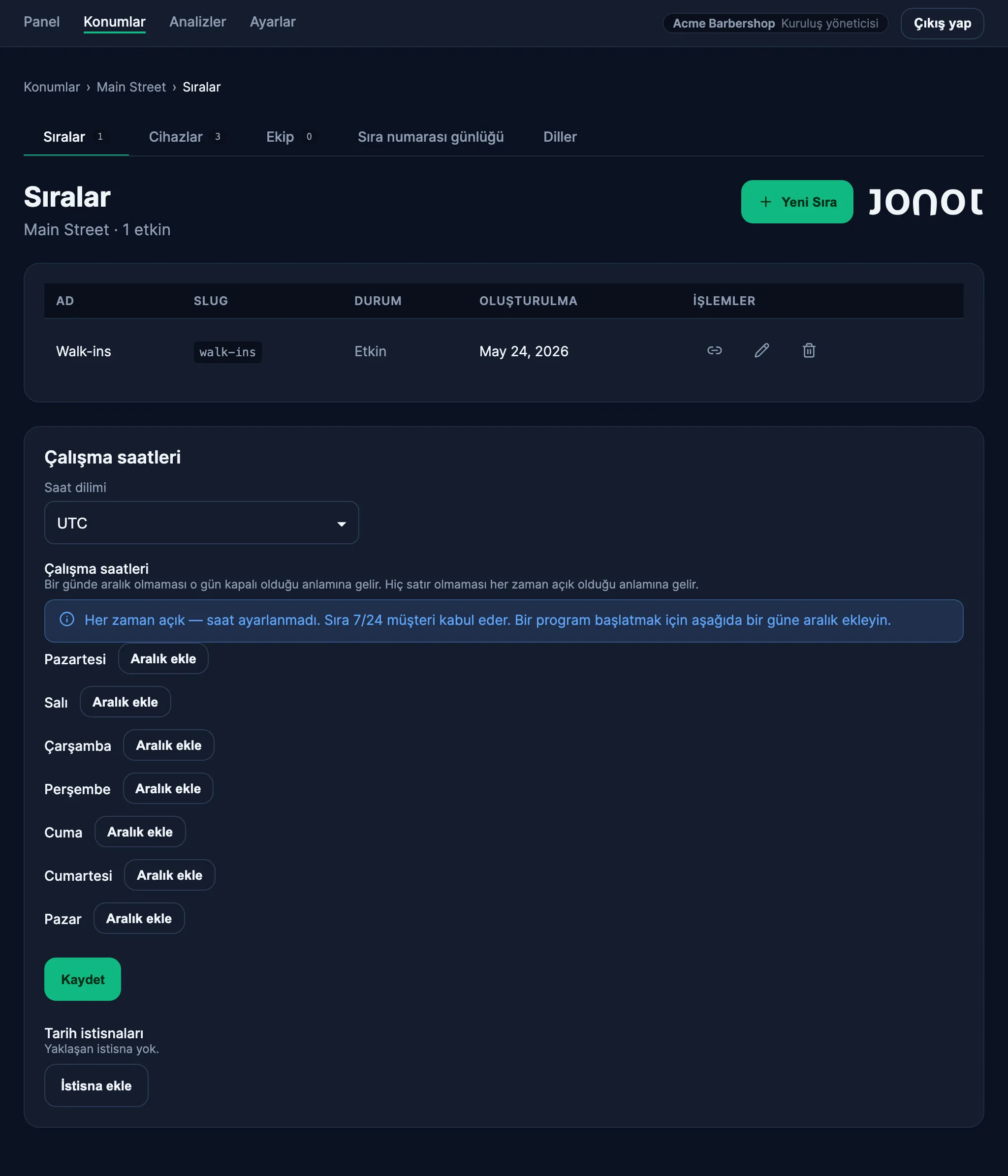 Jonot admin panosunda bir konumun sıra yönetimi sayfası