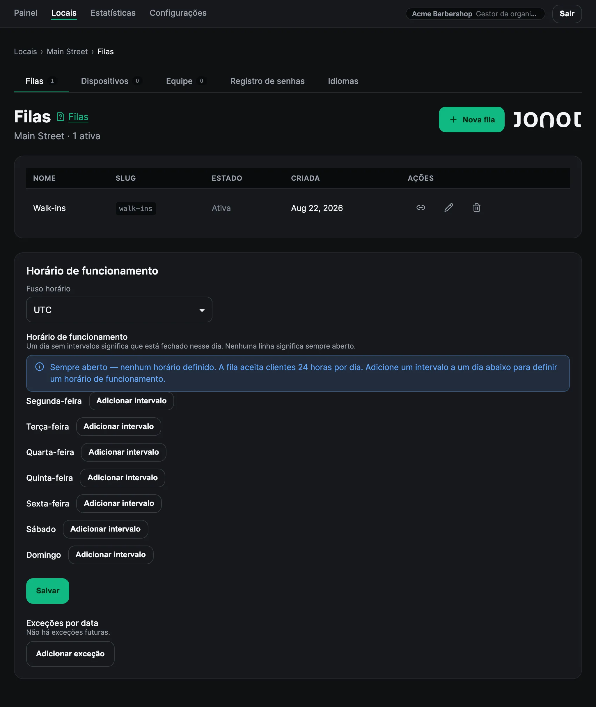 Página de gestão de filas de um local no painel de administração do Jonot