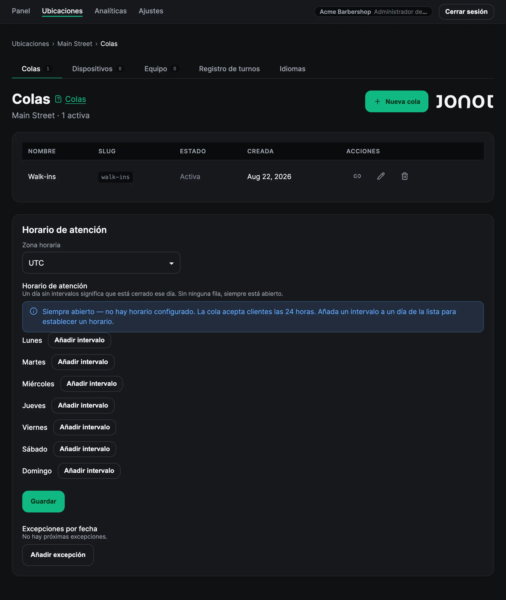 Página de gestión de colas de una ubicación en el panel de administración de Jonot