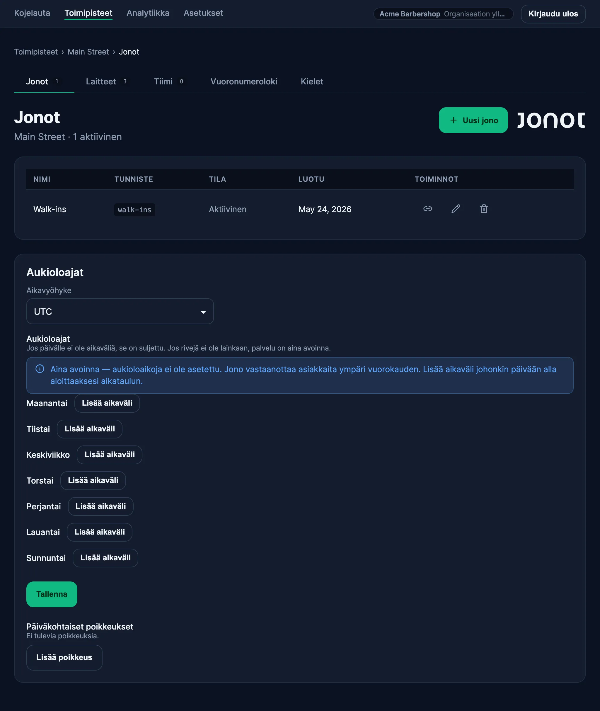 Toimipisteen jonojenhallintasivu Jonotin Admin-hallintapaneelissa