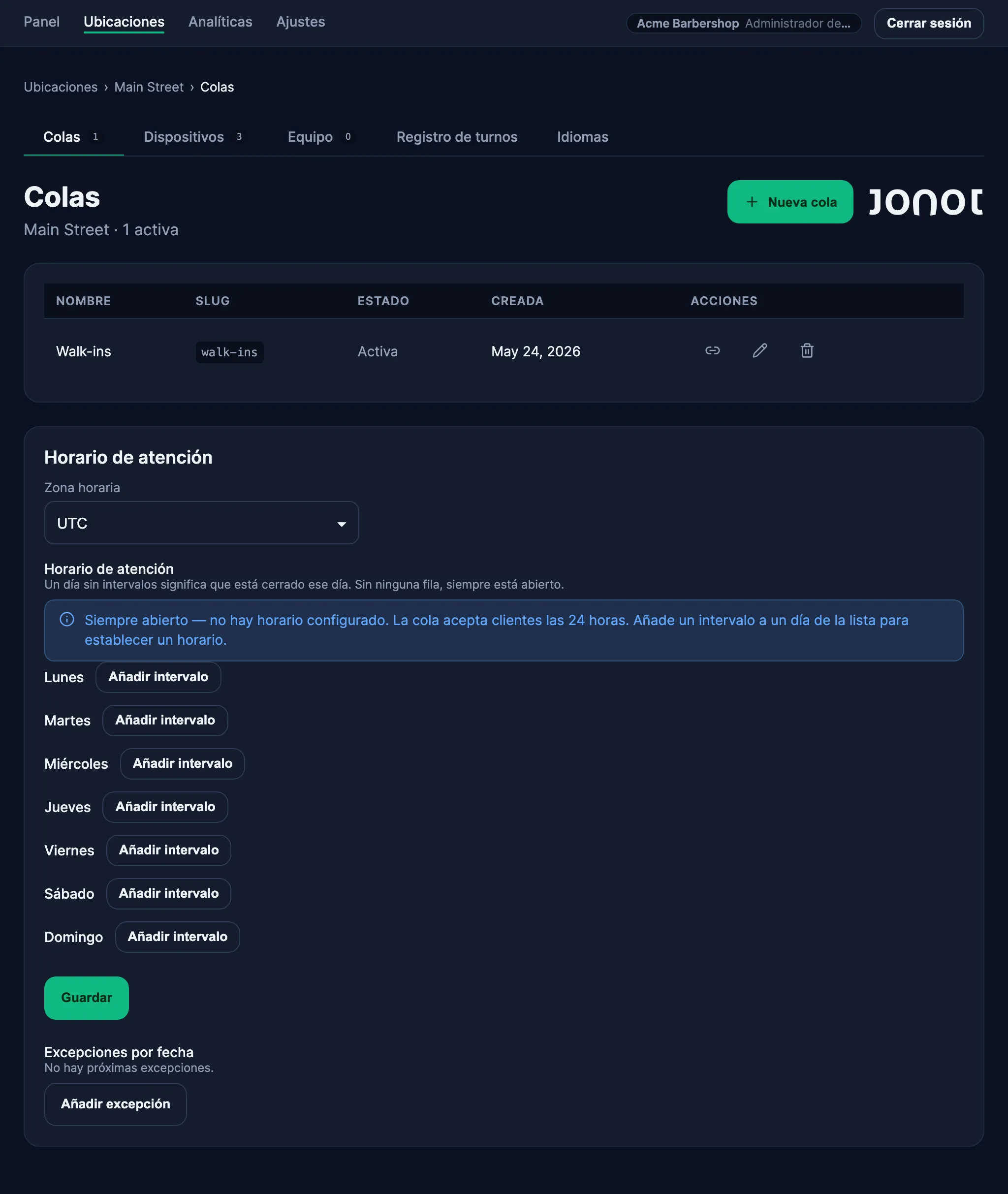 Página de gestión de colas de una ubicación en el panel de administración de Jonot