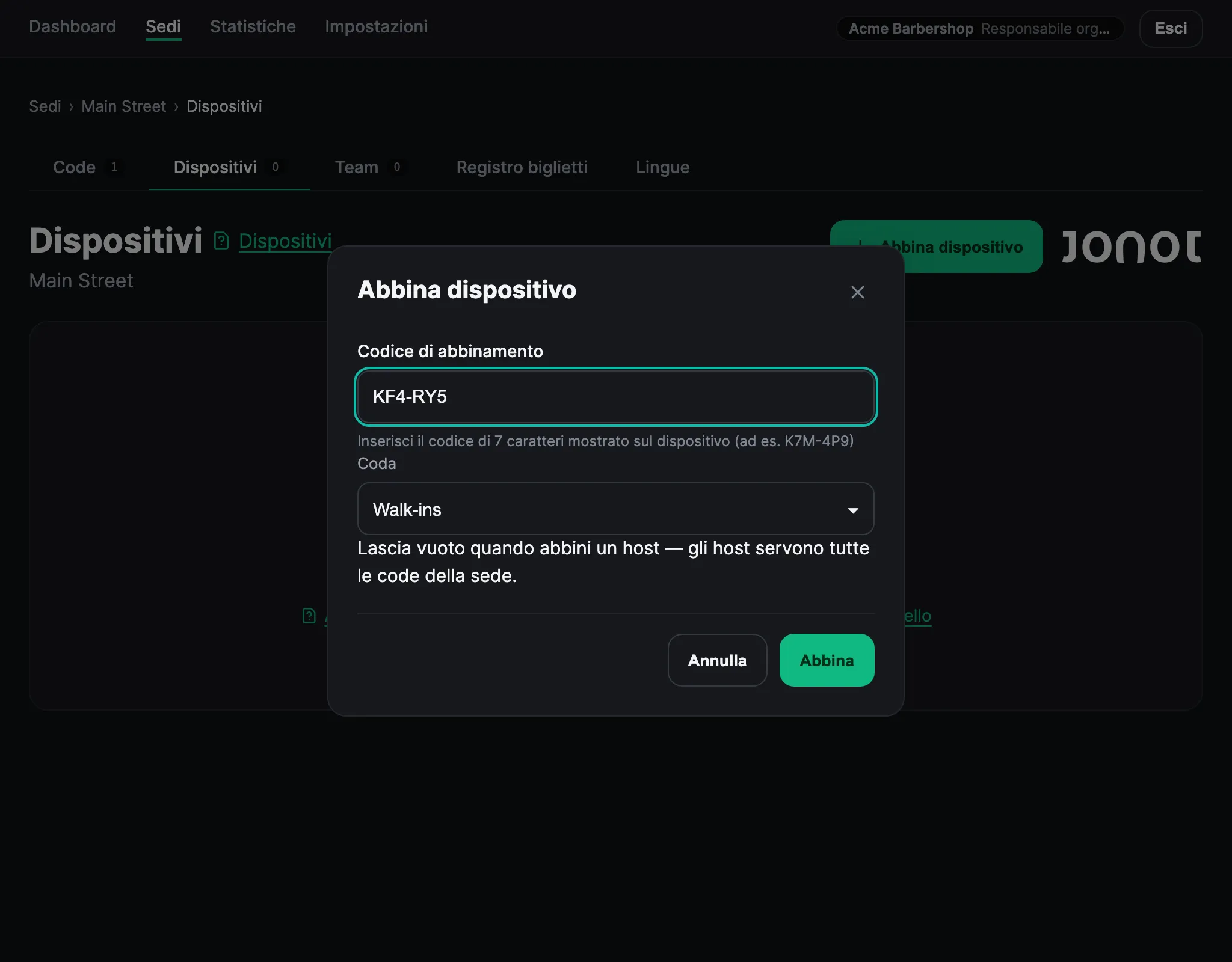 Finestra di dialogo di abbinamento dispositivo nella dashboard di amministrazione di Jonot con il codice di abbinamento inserito e una coda selezionata