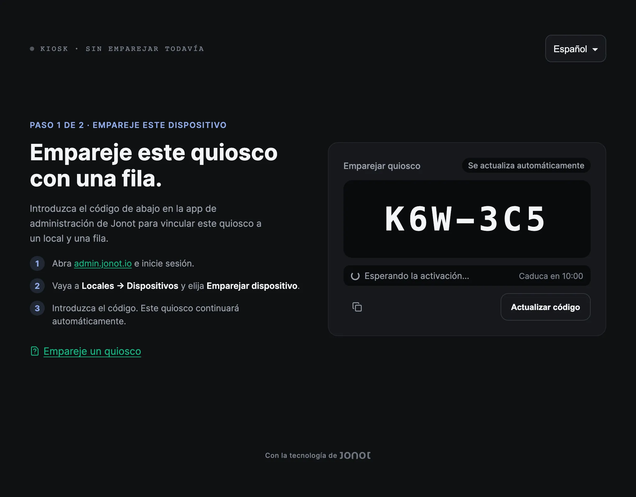 Pantalla de emparejamiento de un quiosco Jonot mostrando su código de emparejamiento