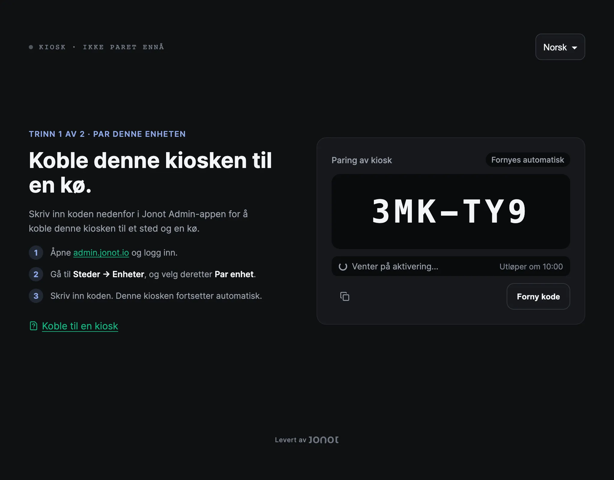 Koblingsskjermen på en Jonot-kiosk som viser koblingskoden