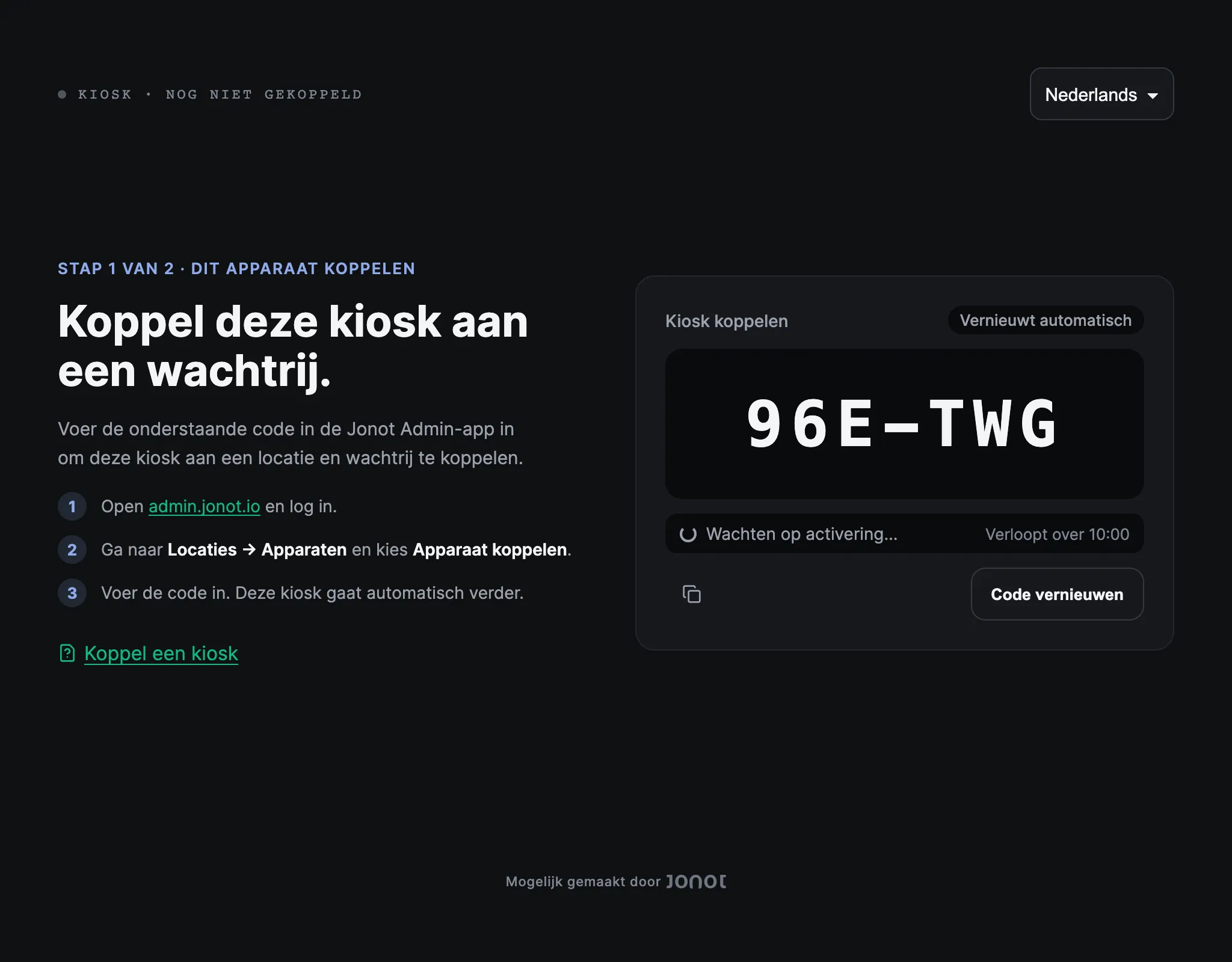 Koppelscherm van een Jonot-kiosk met de koppelcode