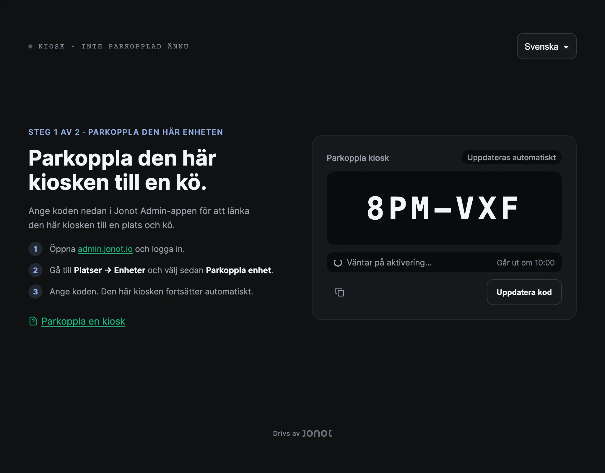 Parkopplingsskärmen på en Jonot-kiosk som visar parkopplingskoden