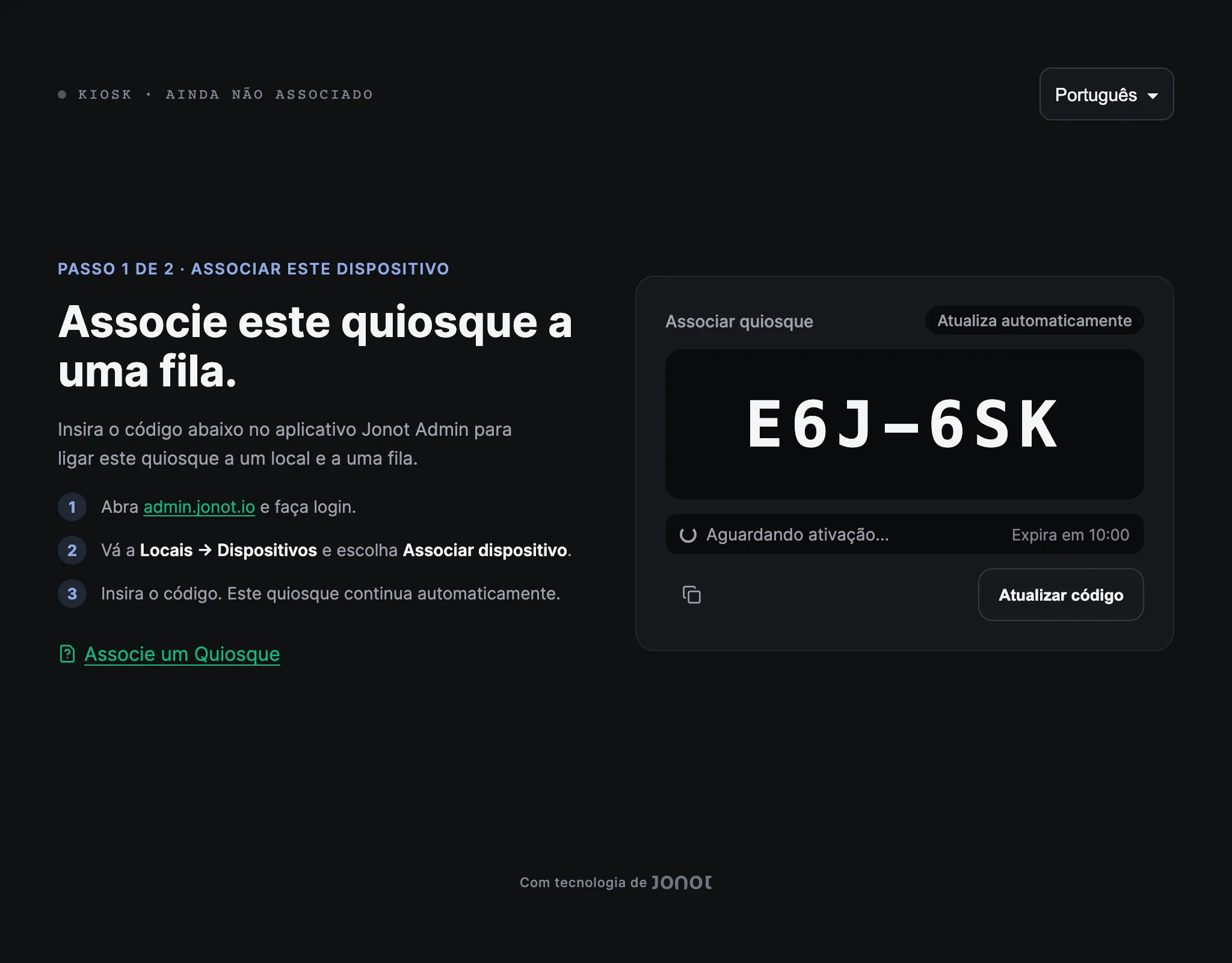 Ecrã de associação de um quiosque Jonot, mostrando o código de associação