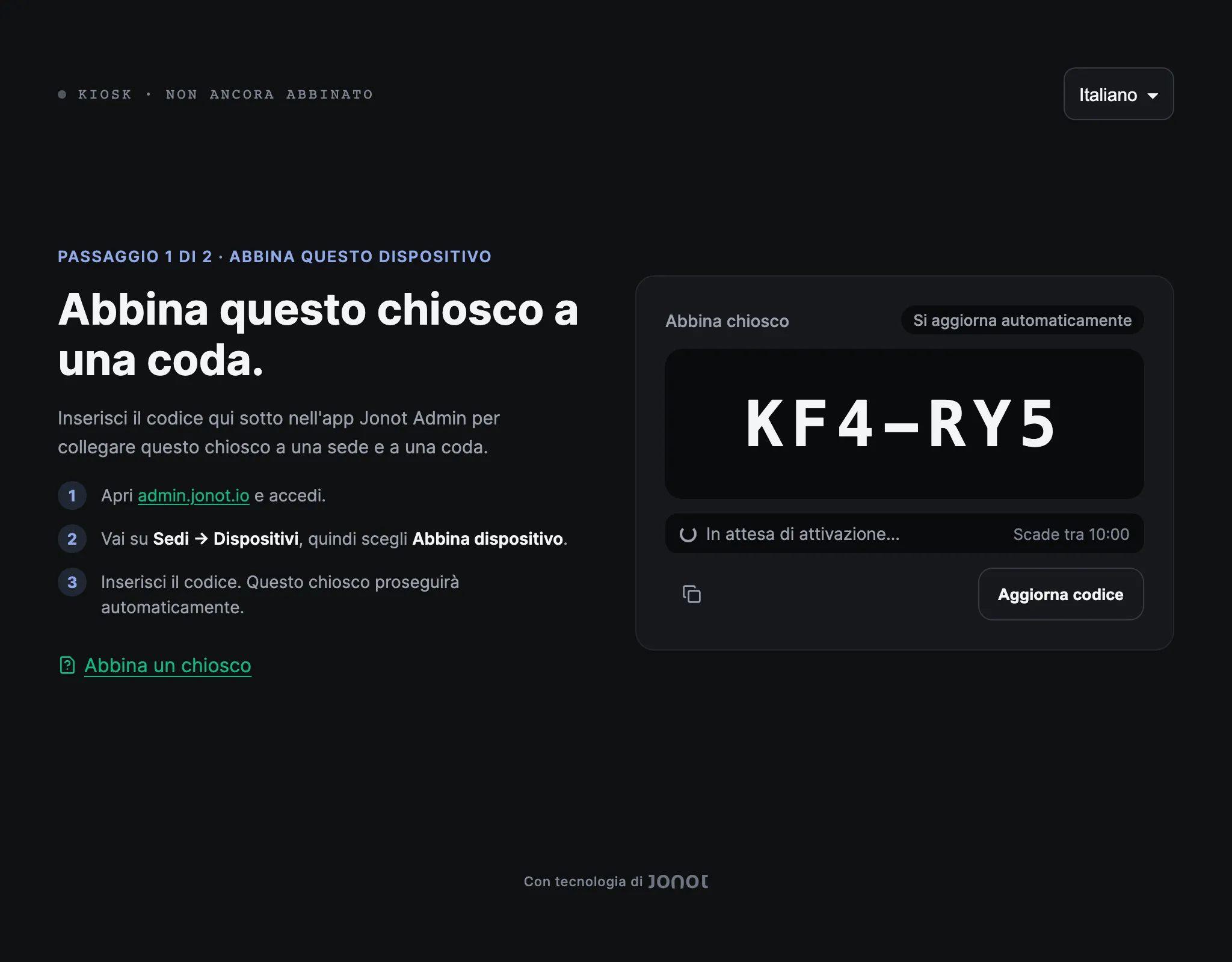 Schermata di abbinamento di un chiosco Jonot che mostra il codice di abbinamento