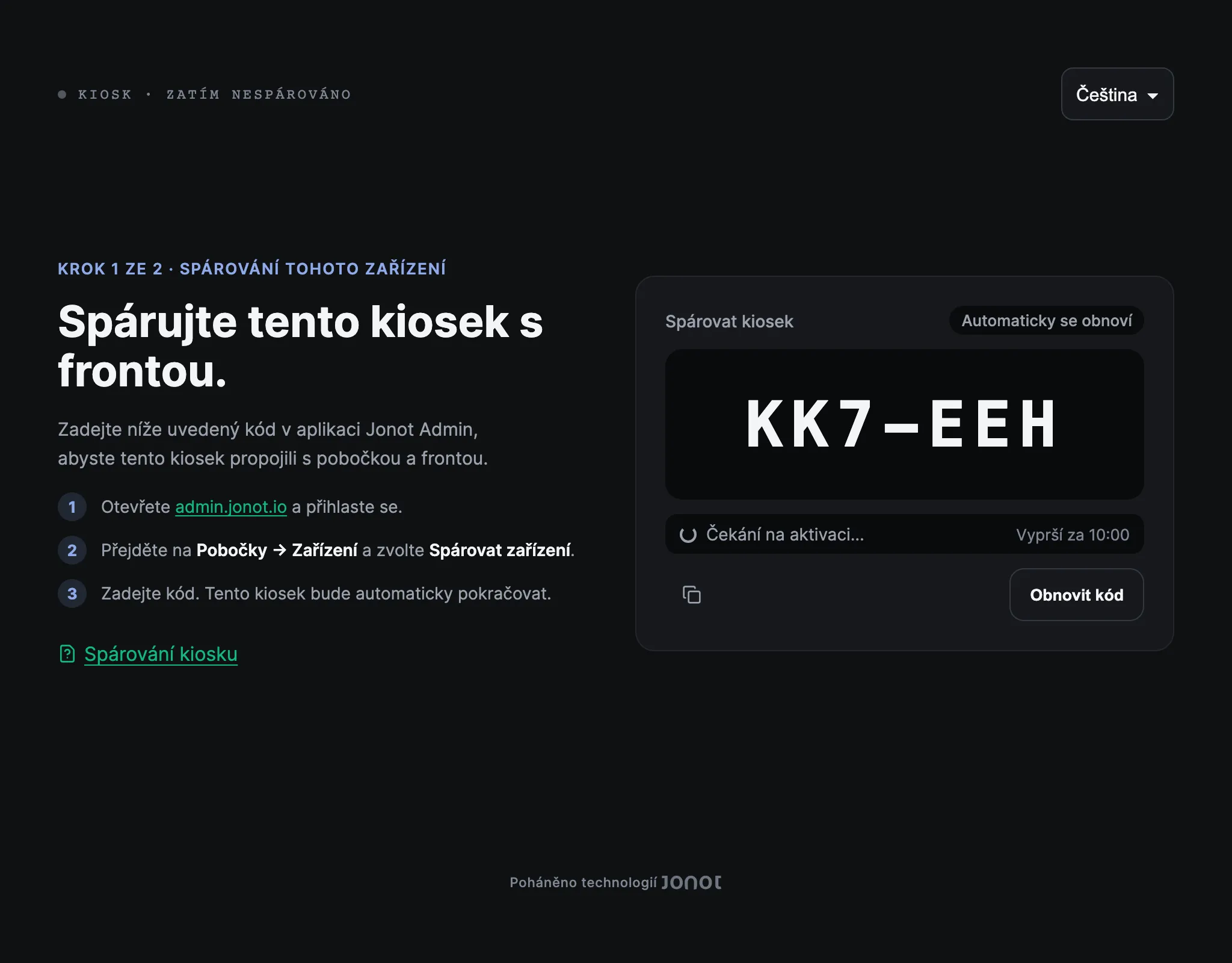 Párovací obrazovka kiosku Jonot s párovacím kódem