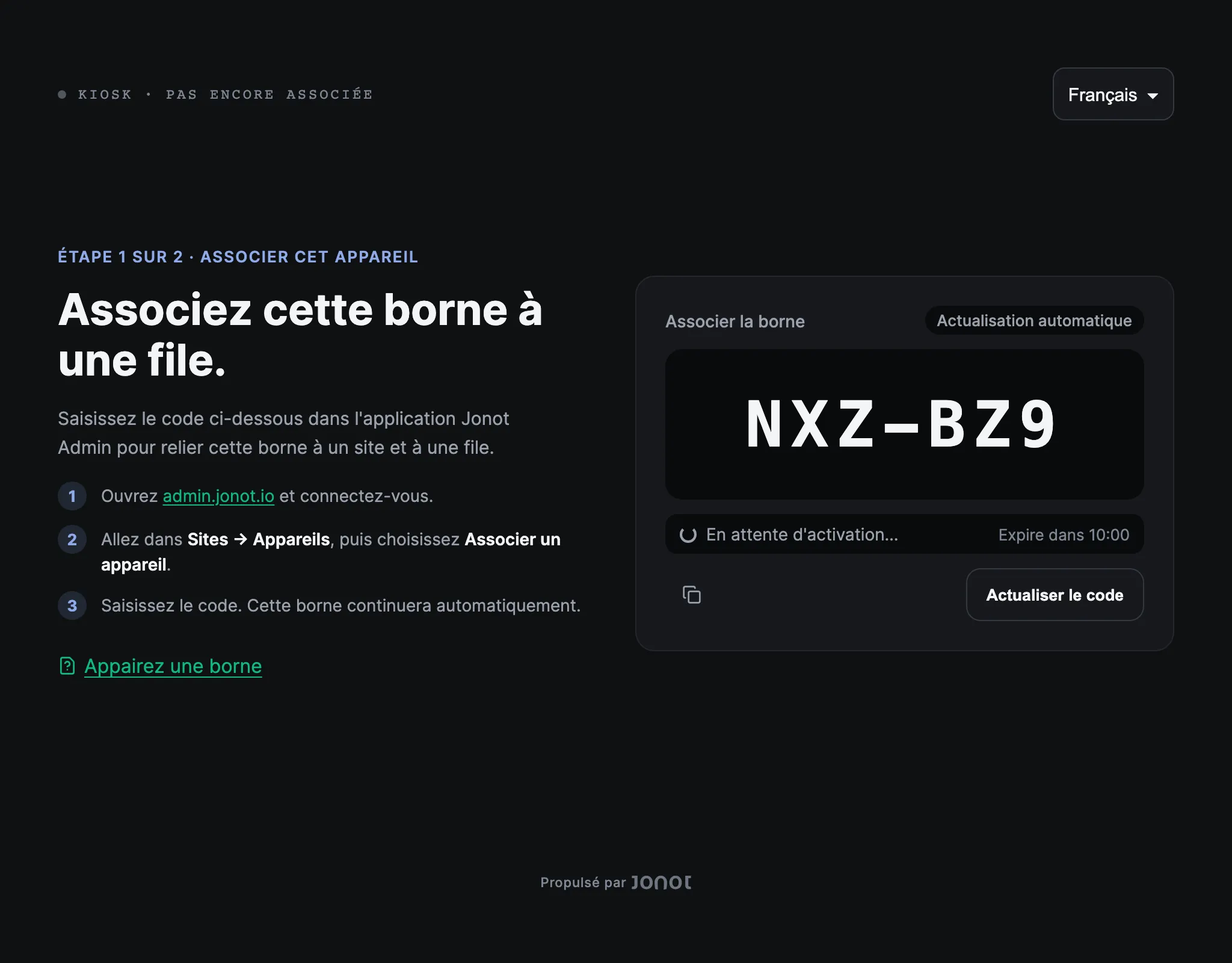 Écran d'appairage d'une borne Jonot affichant son code d'appairage