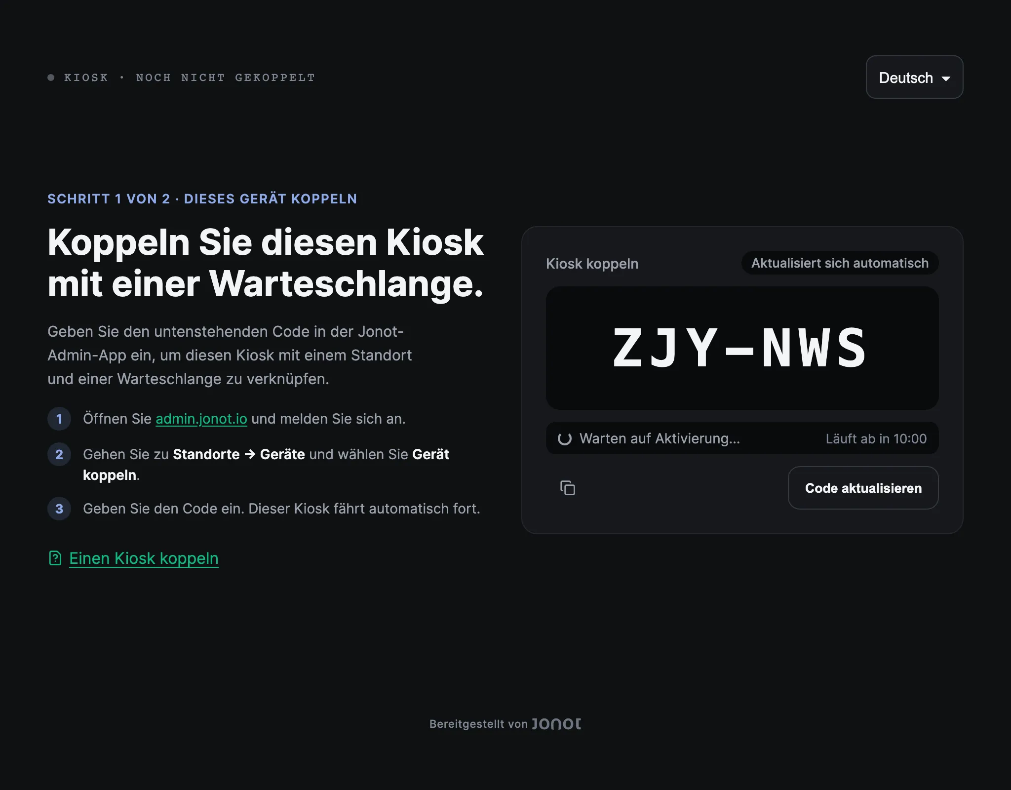 Kopplungsbildschirm eines Jonot-Kiosks mit dem Kopplungscode