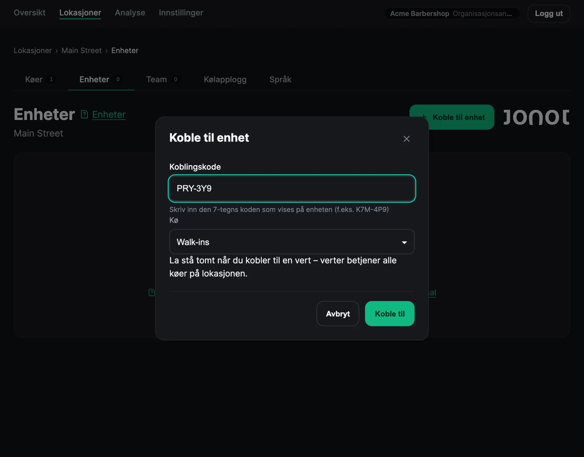 Dialogen for enhetskobling i Jonots admin-dashbord med koblingskoden fylt inn og en kø valgt
