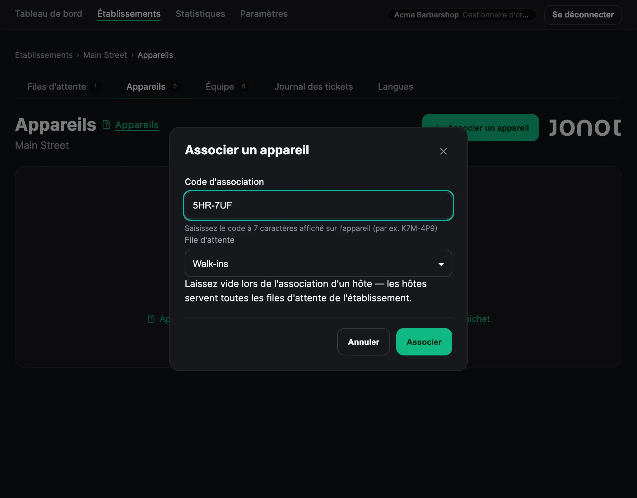 Boîte de dialogue d'appairage d'un appareil dans le tableau de bord Admin de Jonot avec le code d'appairage saisi et une file d'attente sélectionnée