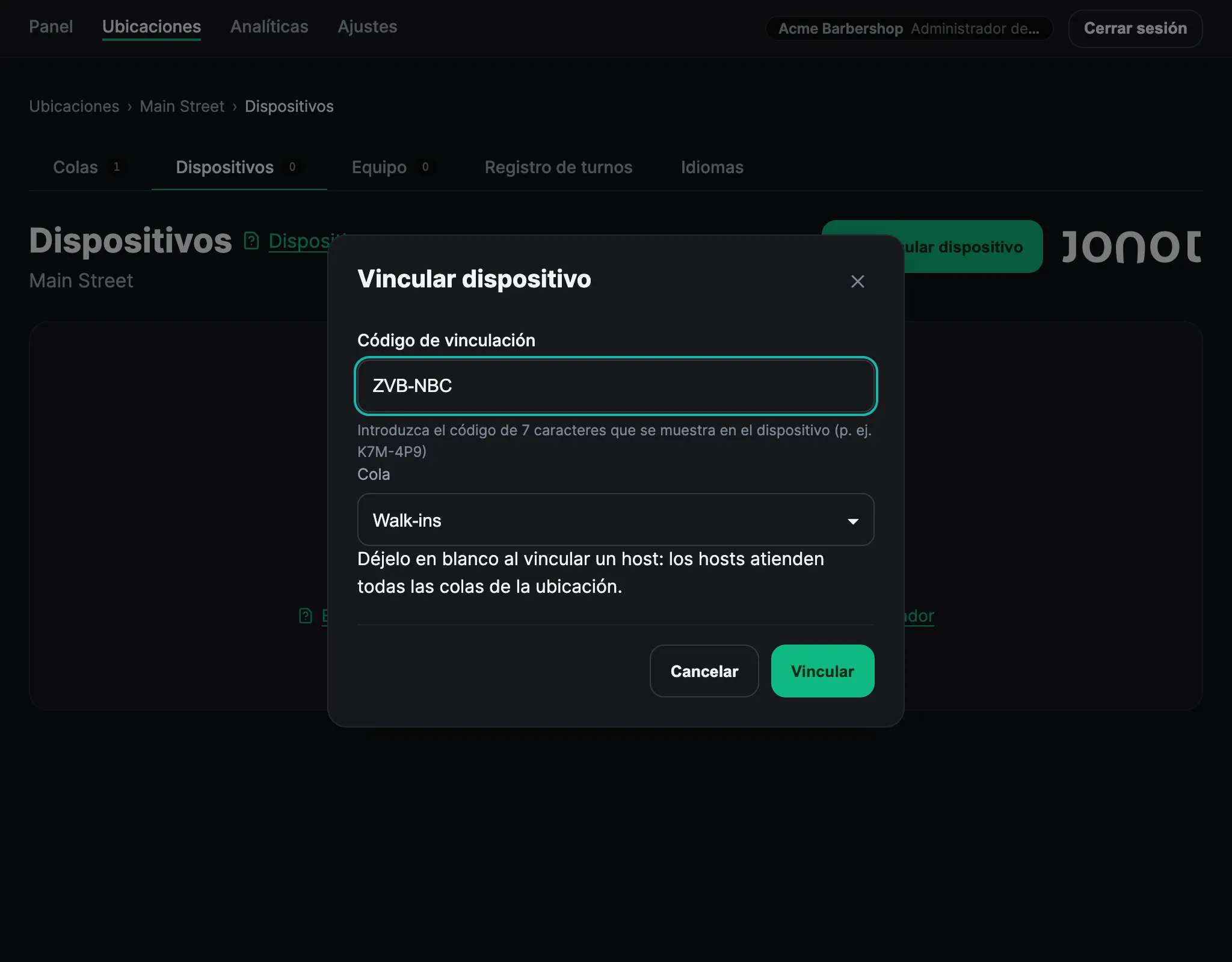 Diálogo de emparejamiento de dispositivo en el panel de administración de Jonot con el código de emparejamiento introducido y una cola seleccionada