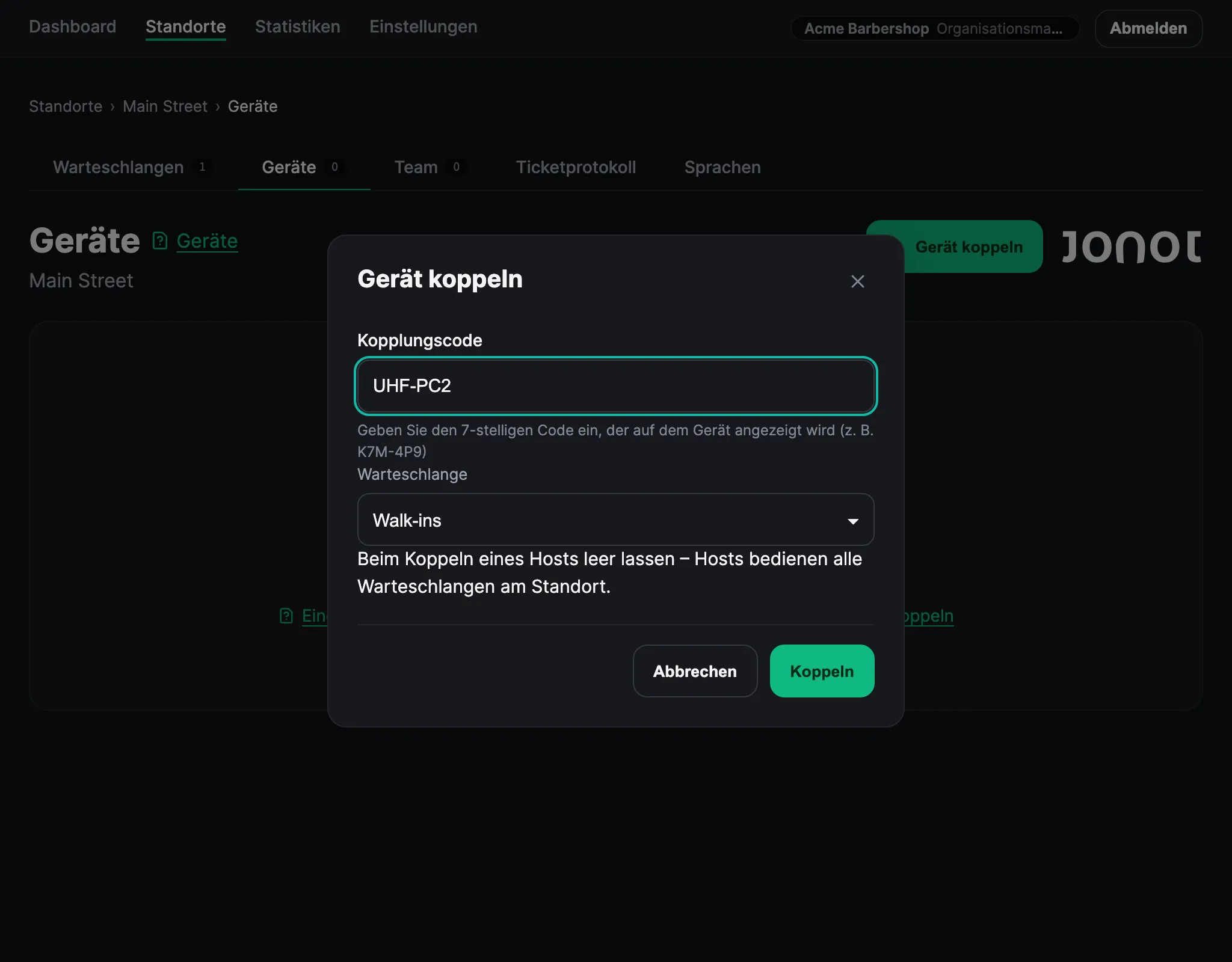 Dialog zur Gerätekopplung im Jonot-Admin-Dashboard mit eingegebenem Kopplungscode und ausgewählter Warteschlange